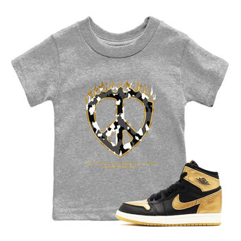 1s Black Metallic Gold shirts to match jordans Love Peace sneaker match tees Jordan 1 High OG Black and Gold SNRT Sneaker Release Tees Youth Baby Heather Grey 1 crew neck shirts