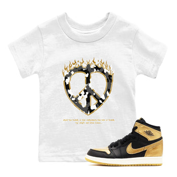 1s Black Metallic Gold shirts to match jordans Love Peace sneaker match tees Jordan 1 High OG Black and Gold SNRT Sneaker Release Tees Youth Baby White 1 crew neck shirts