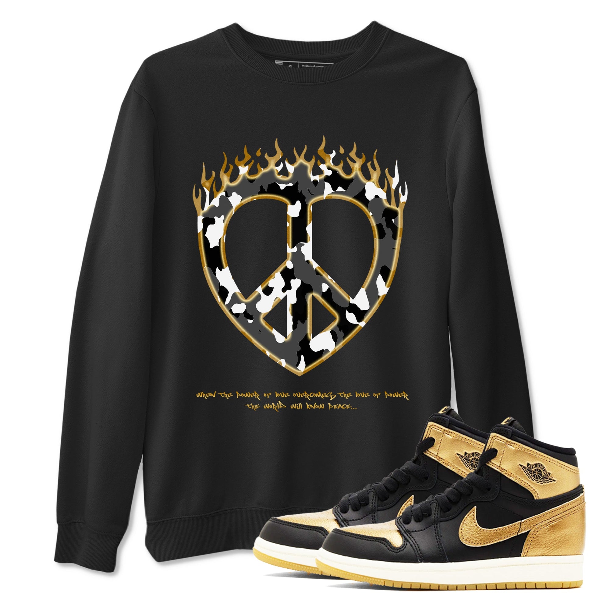 1s Black Metallic Gold shirts to match jordans Love Peace sneaker match tees Jordan 1 High OG Black and Gold SNRT Sneaker Release Tees unisex cotton Black 1 crew neck shirts