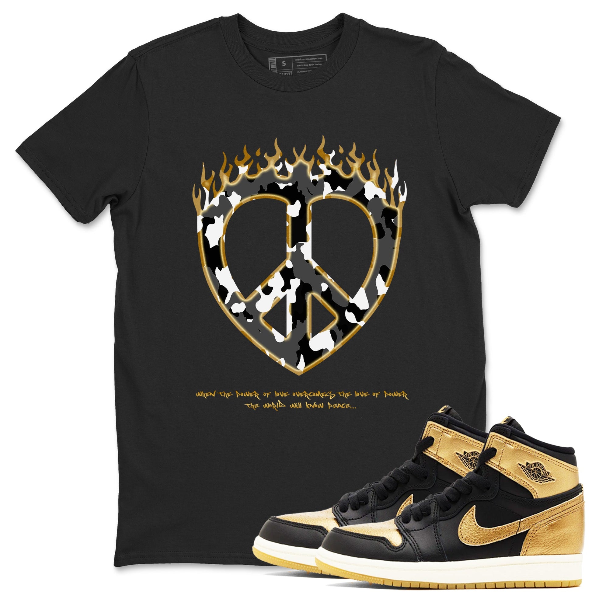 1s Black Metallic Gold shirts to match jordans Love Peace sneaker match tees Jordan 1 High OG Black and Gold SNRT Sneaker Release Tees unisex cotton Black 1 crew neck shirts