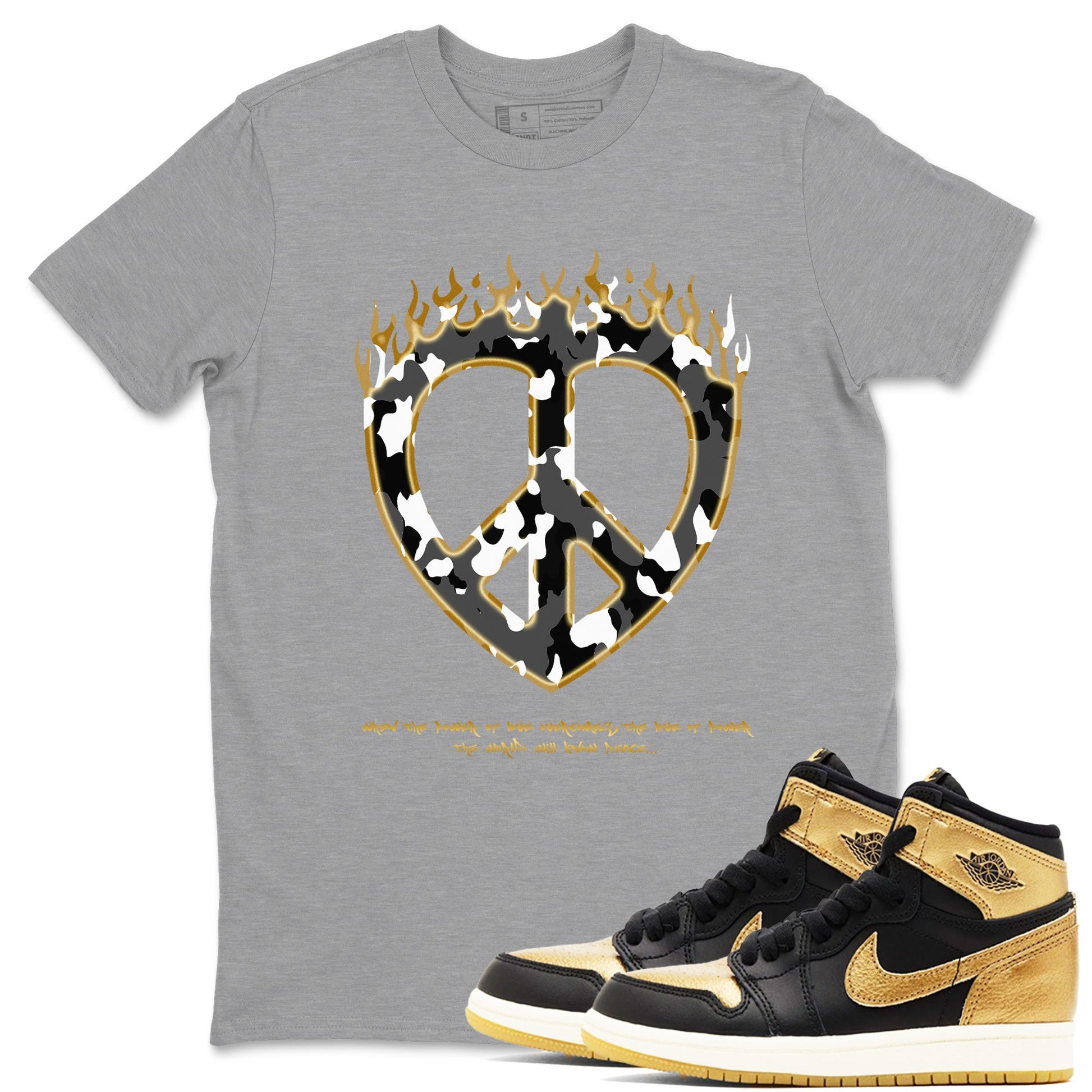 1s Black Metallic Gold shirts to match jordans Love Peace sneaker match tees Jordan 1 High OG Black and Gold SNRT Sneaker Release Tees unisex cotton Heather Grey 1 crew neck shirts