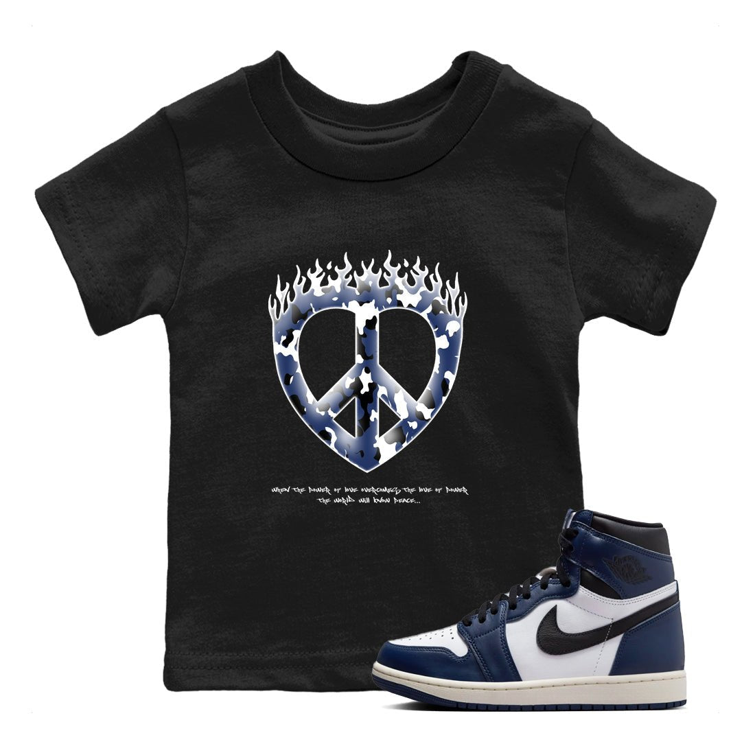 1s Midnight Navy shirts to match jordans Love Peace sneaker match tees Air Jordan 1 Midnight Navy match shoes to clothes SNRT Sneaker Tees Youth Baby Black 1 tee