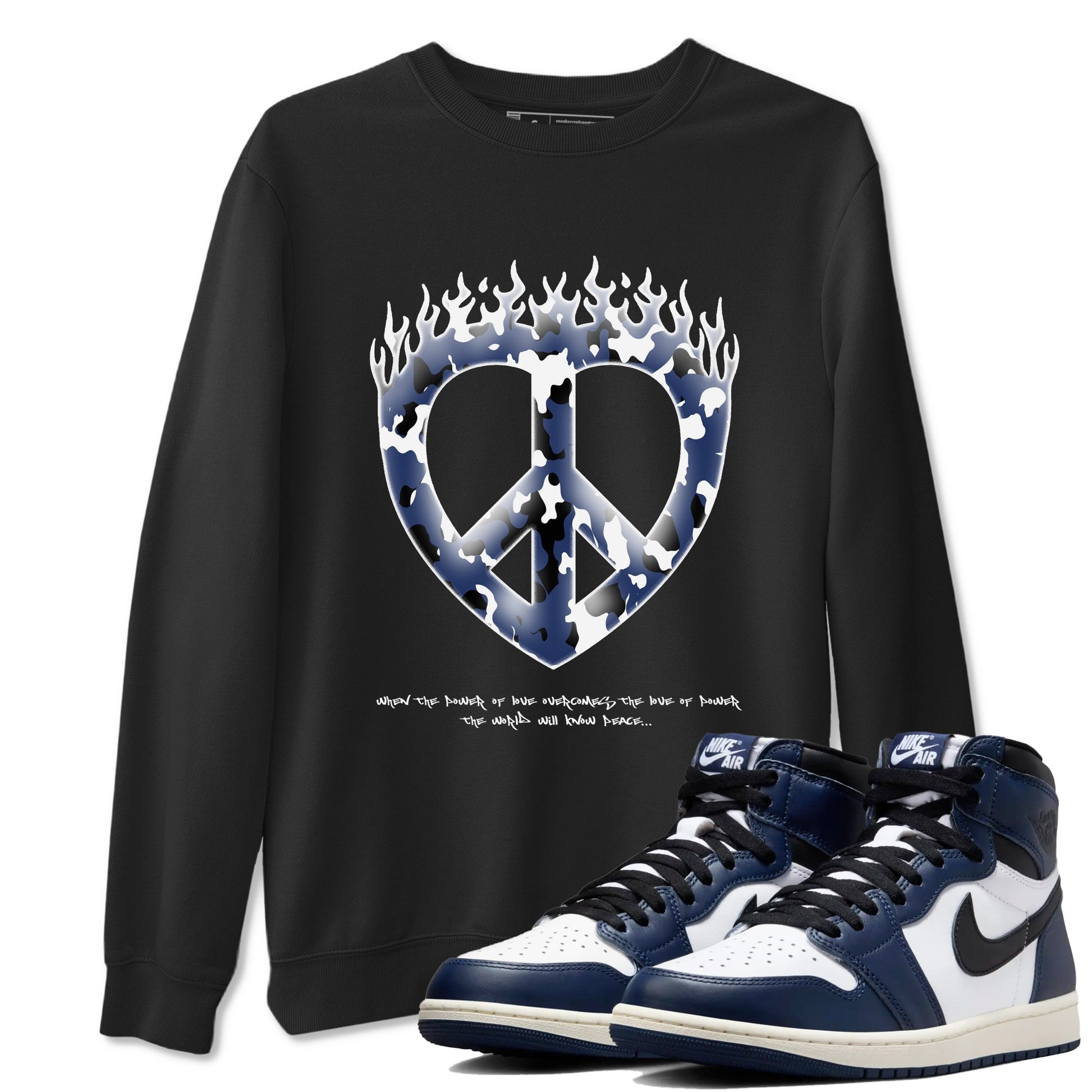 1s Midnight Navy shirts to match jordans Love Peace sneaker match tees Air Jordan 1 Midnight Navy match shoes to clothes SNRT Sneaker Tees unisex cotton Black 1 shirts