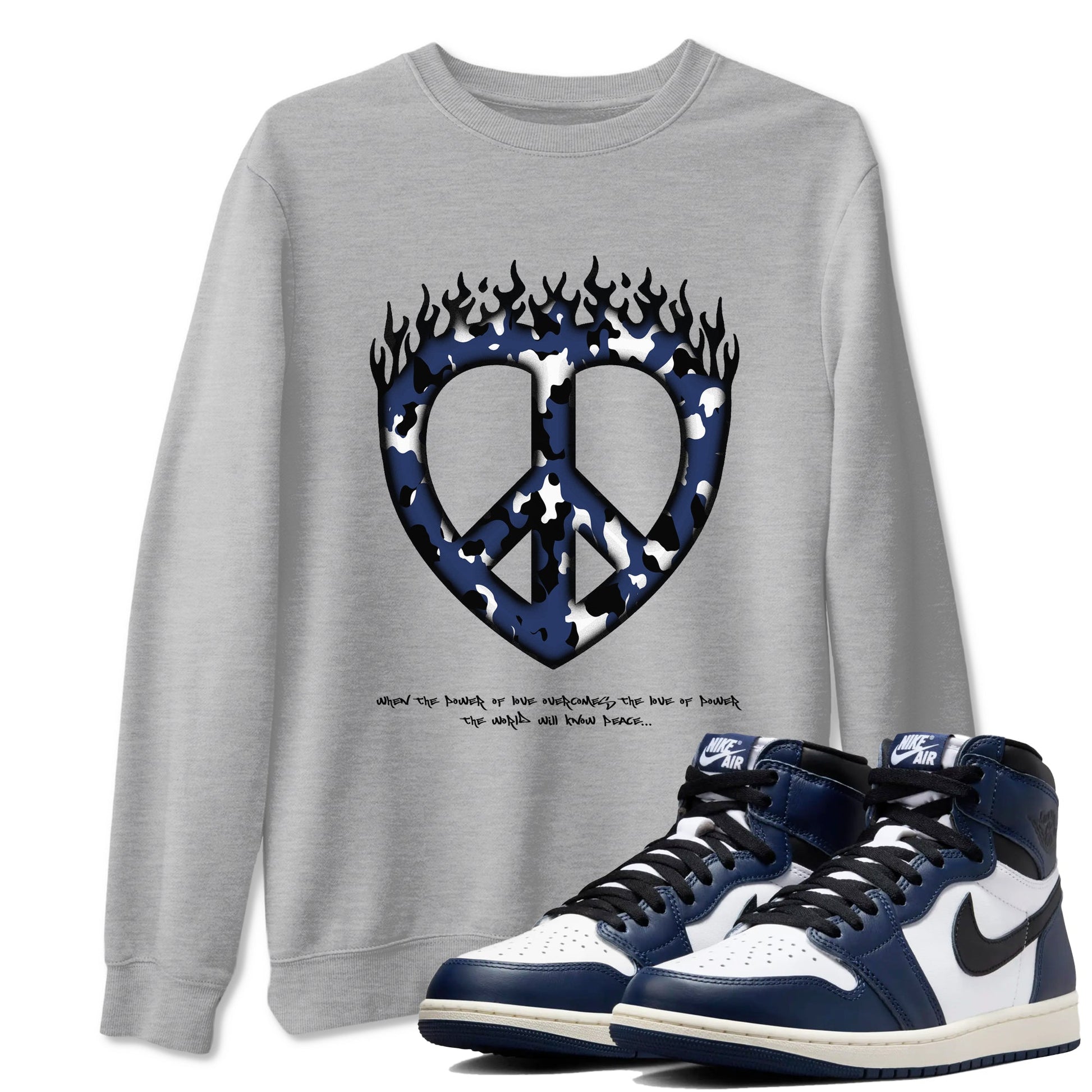 1s Midnight Navy shirts to match jordans Love Peace sneaker match tees Air Jordan 1 Midnight Navy match shoes to clothes SNRT Sneaker Tees unisex cotton Heather Grey 1 shirts