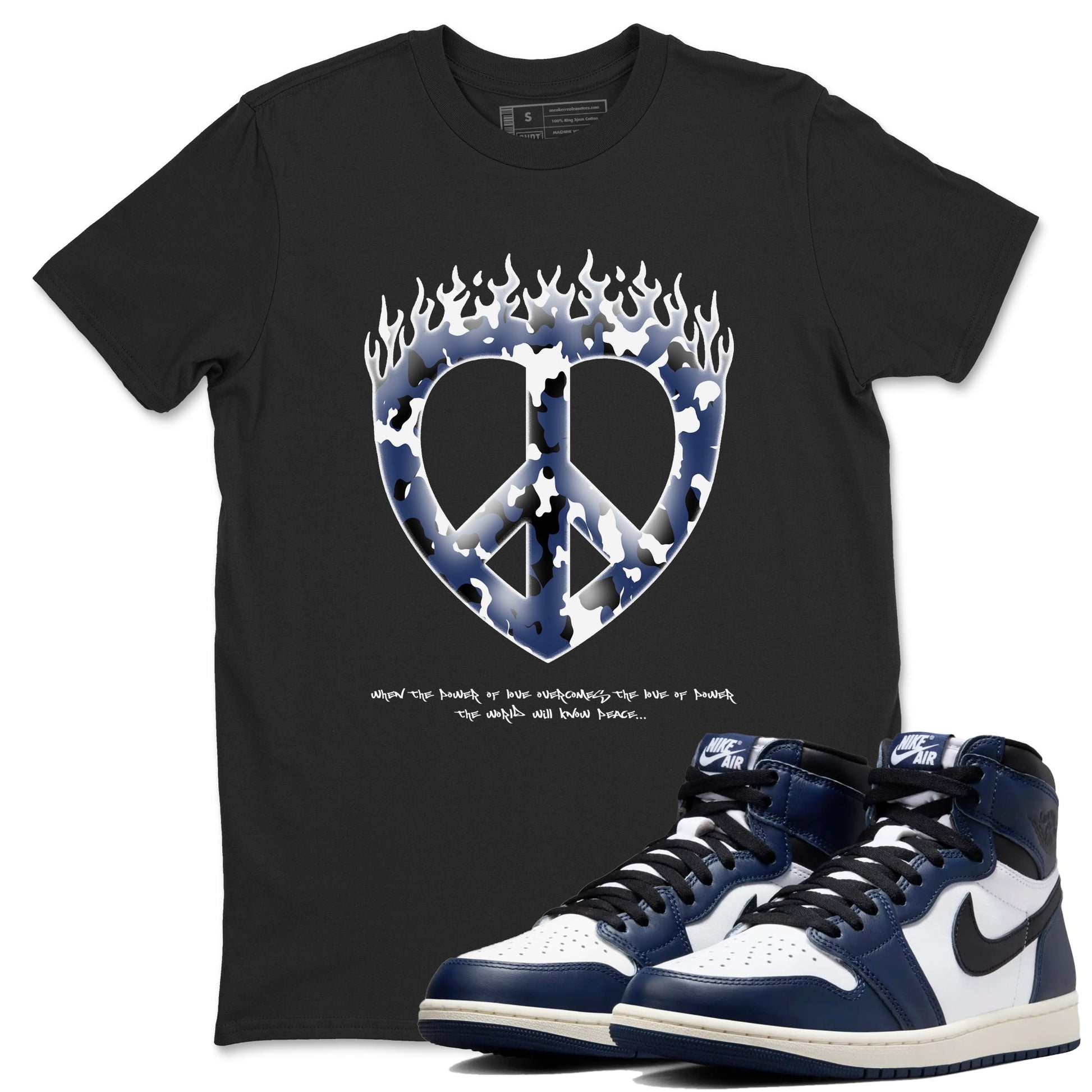 1s Midnight Navy shirts to match jordans Love Peace sneaker match tees Air Jordan 1 Midnight Navy match shoes to clothes SNRT Sneaker Tees unisex cotton Black 1 shirts