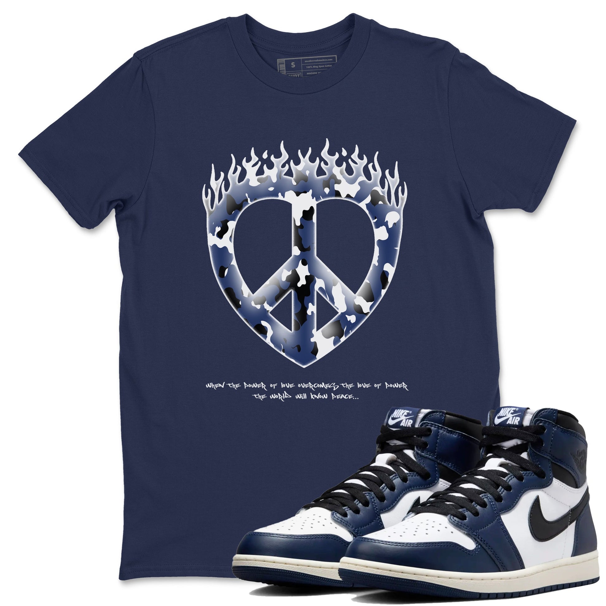1s Midnight Navy shirts to match jordans Love Peace sneaker match tees Air Jordan 1 Midnight Navy match shoes to clothes SNRT Sneaker Tees unisex cotton Navy 1 shirts
