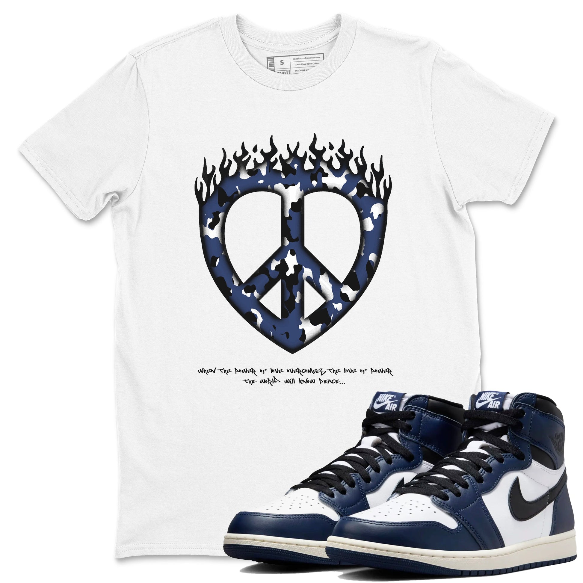 1s Midnight Navy shirts to match jordans Love Peace sneaker match tees Air Jordan 1 Midnight Navy match shoes to clothes SNRT Sneaker Tees unisex cotton White 1 shirts
