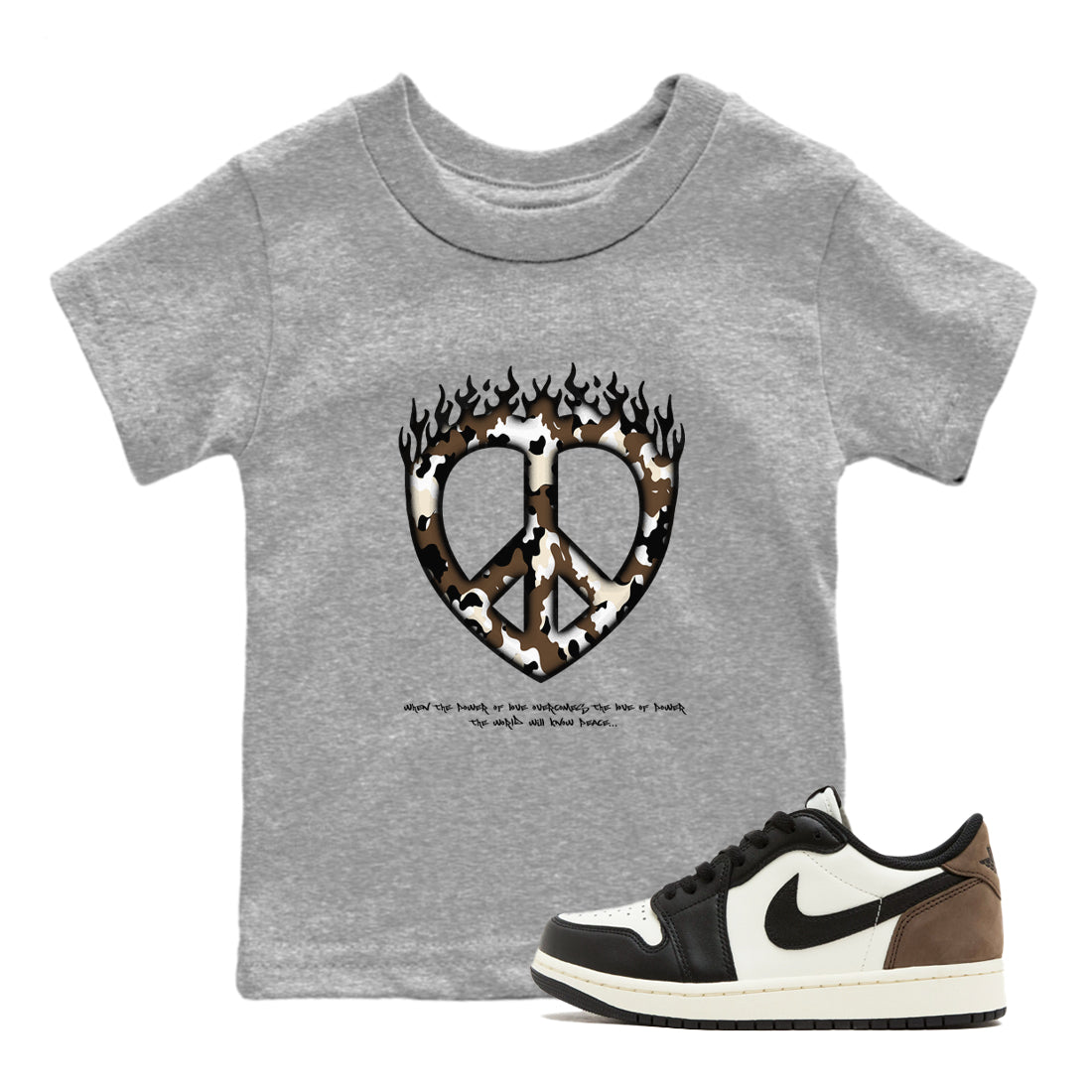 1s Low OG Mocha shirts to match jordans Love Peace sneaker match tees Air Jordan 1 Mocha match shoes to clothes SNRT Sneaker Tees Youth Baby Heather Grey 1 tee
