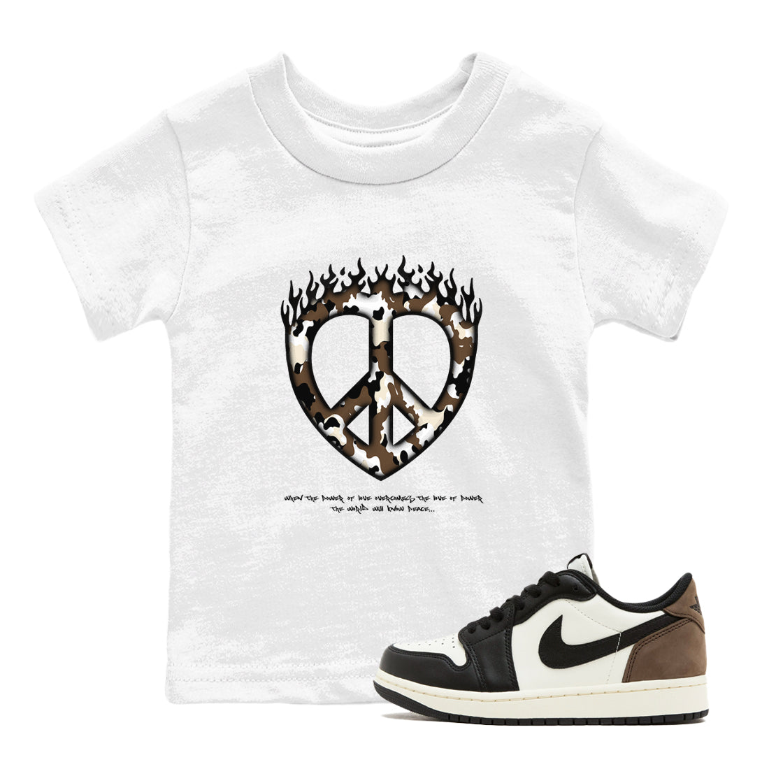 1s Low OG Mocha shirts to match jordans Love Peace sneaker match tees Air Jordan 1 Mocha match shoes to clothes SNRT Sneaker Tees Youth Baby White 1 tee