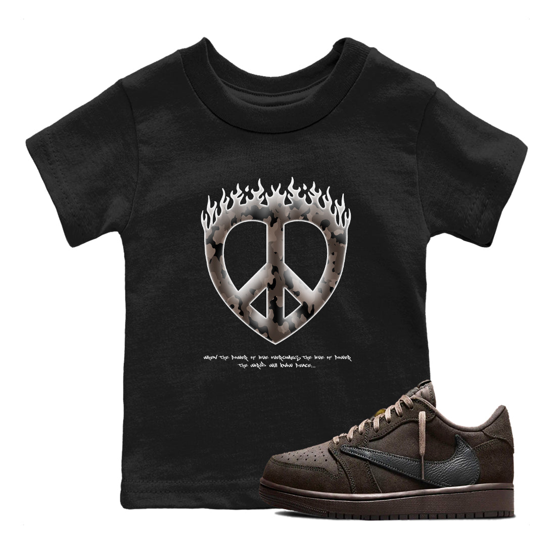 Air Jordan 1 Travis Scott Velvet Brown shirts to match jordans Love Peace sneaker match tees Travis Scott x Air Jordan 1 Low OG Velvet Brown best t shirts to wear with jordans SNRT Sneaker Tees Youth Baby Black 1 tee