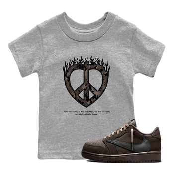 Air Jordan 1 Travis Scott Velvet Brown shirts to match jordans Love Peace sneaker match tees Travis Scott x Air Jordan 1 Low OG Velvet Brown best t shirts to wear with jordans SNRT Sneaker Tees Youth Baby Heather Grey 1 tee