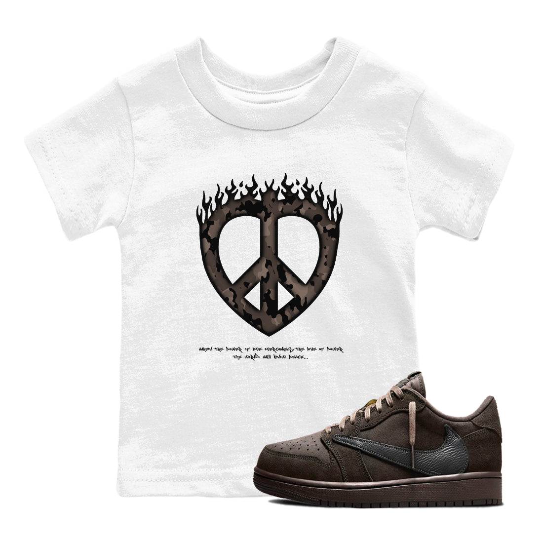 Air Jordan 1 Travis Scott Velvet Brown shirts to match jordans Love Peace sneaker match tees Travis Scott x Air Jordan 1 Low OG Velvet Brown best t shirts to wear with jordans SNRT Sneaker Tees Youth Baby White 1 tee