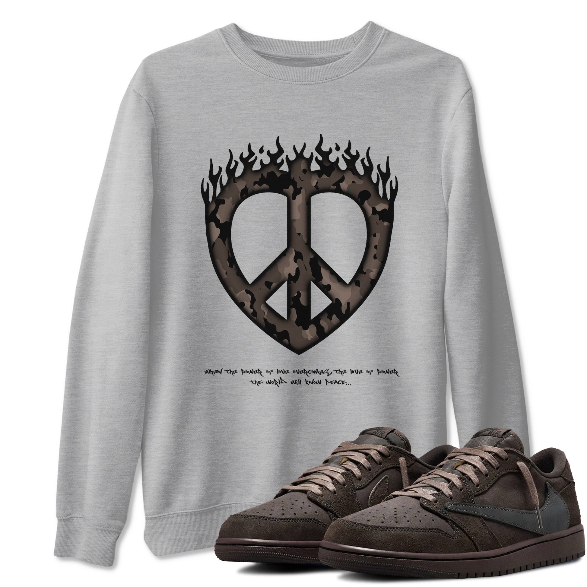 Air Jordan 1 Travis Scott Velvet Brown shirts to match jordans Love Peace sneaker match tees Travis Scott x Air Jordan 1 Low OG Velvet Brown best t shirts to wear with jordans SNRT Sneaker Tees unisex cotton Heather Grey 1 shirts