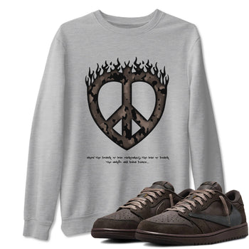 Air Jordan 1 Travis Scott Velvet Brown shirts to match jordans Love Peace sneaker match tees Travis Scott x Air Jordan 1 Low OG Velvet Brown best t shirts to wear with jordans SNRT Sneaker Tees unisex cotton Heather Grey 1 shirts