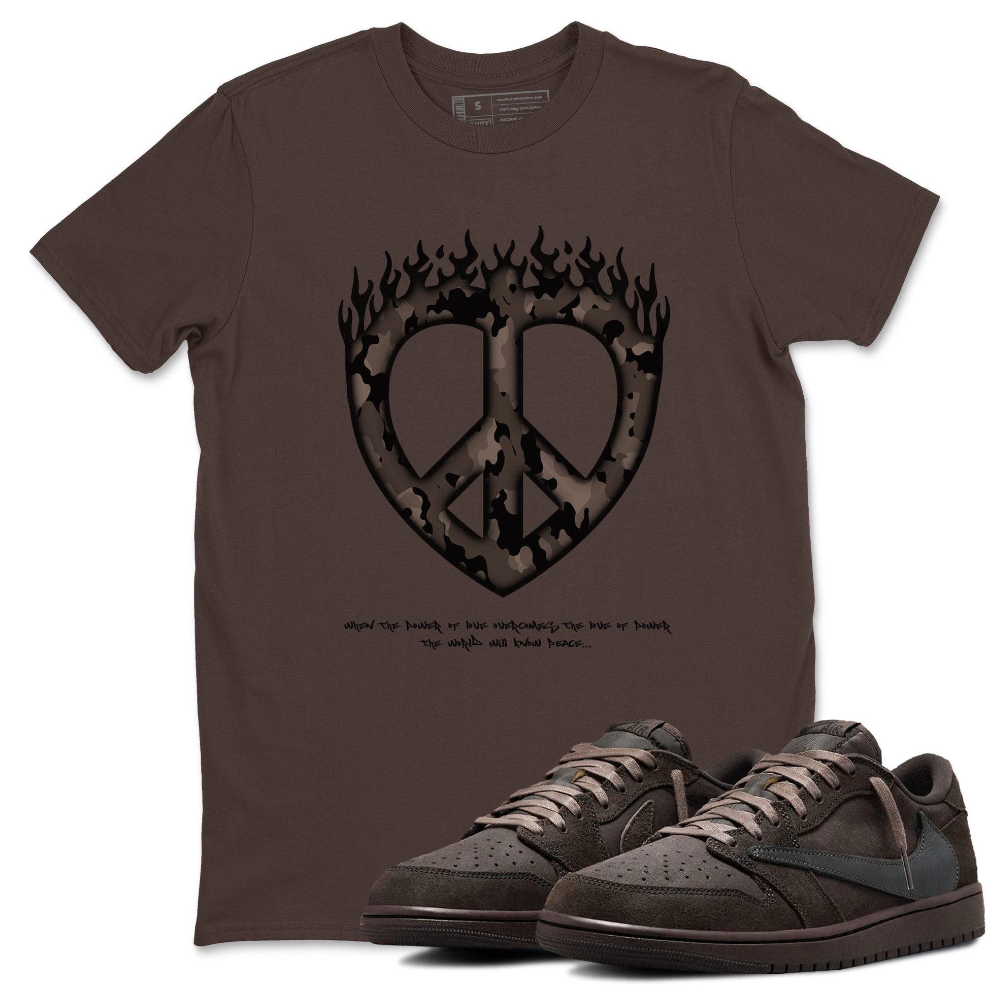 Air Jordan 1 Travis Scott Velvet Brown shirts to match jordans Love Peace sneaker match tees Travis Scott x Air Jordan 1 Low OG Velvet Brown best t shirts to wear with jordans SNRT Sneaker Tees unisex cotton Dark Chocolate 1 shirts