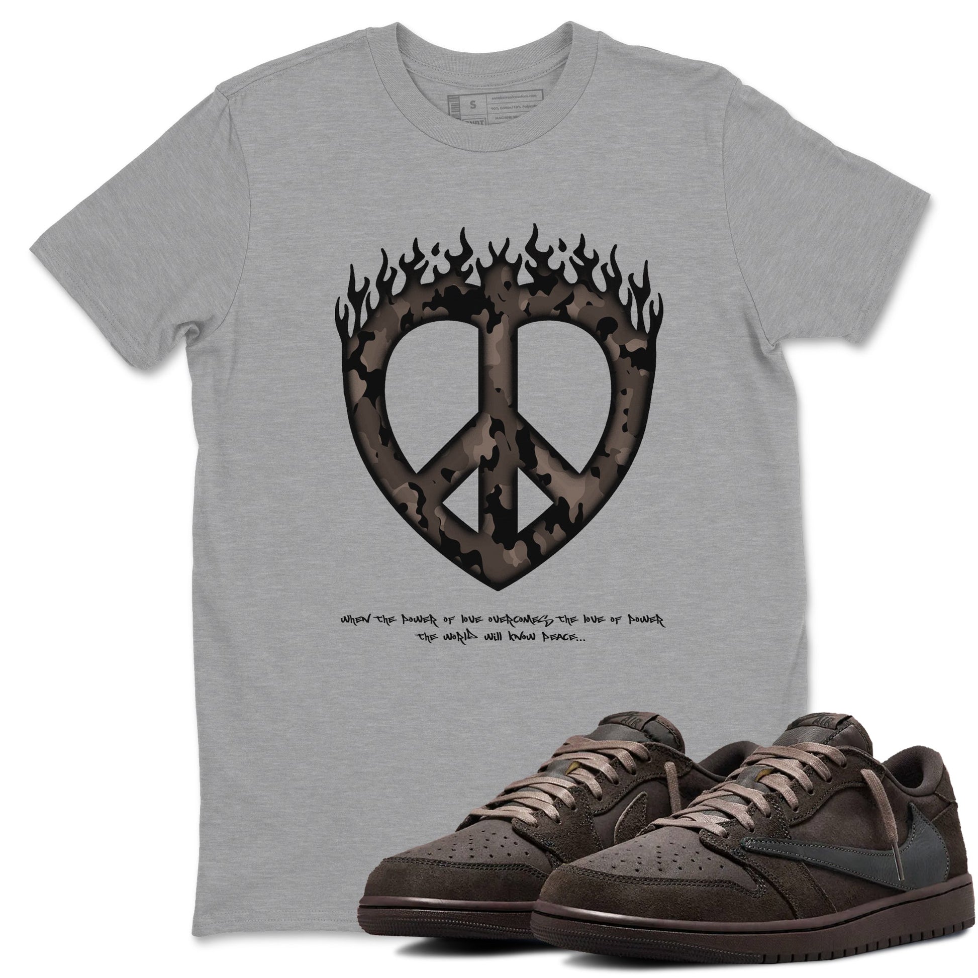 Air Jordan 1 Travis Scott Velvet Brown shirts to match jordans Love Peace sneaker match tees Travis Scott x Air Jordan 1 Low OG Velvet Brown best t shirts to wear with jordans SNRT Sneaker Tees unisex cotton Heather Grey 1 shirts