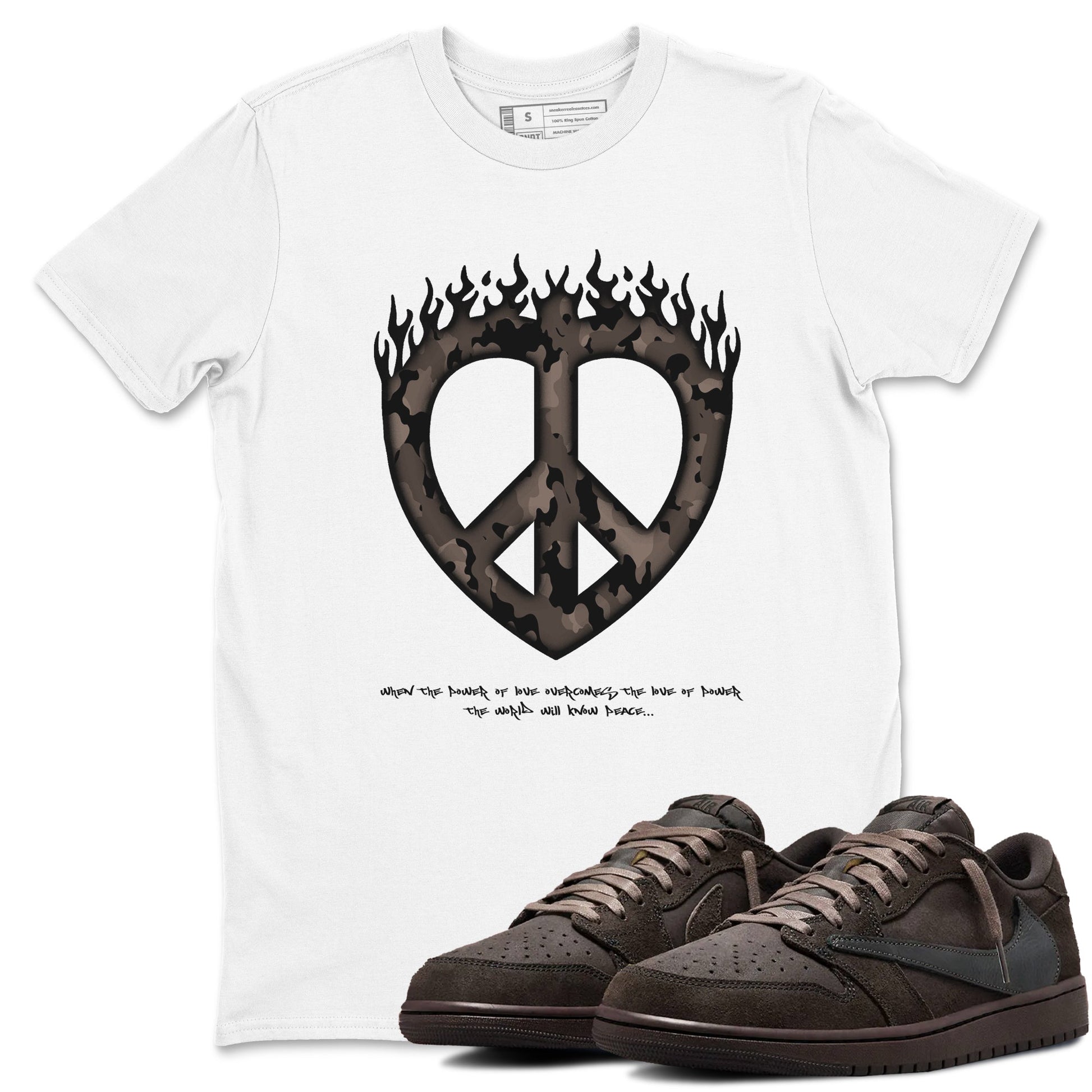 Air Jordan 1 Travis Scott Velvet Brown shirts to match jordans Love Peace sneaker match tees Travis Scott x Air Jordan 1 Low OG Velvet Brown best t shirts to wear with jordans SNRT Sneaker Tees unisex cotton White 1 shirts