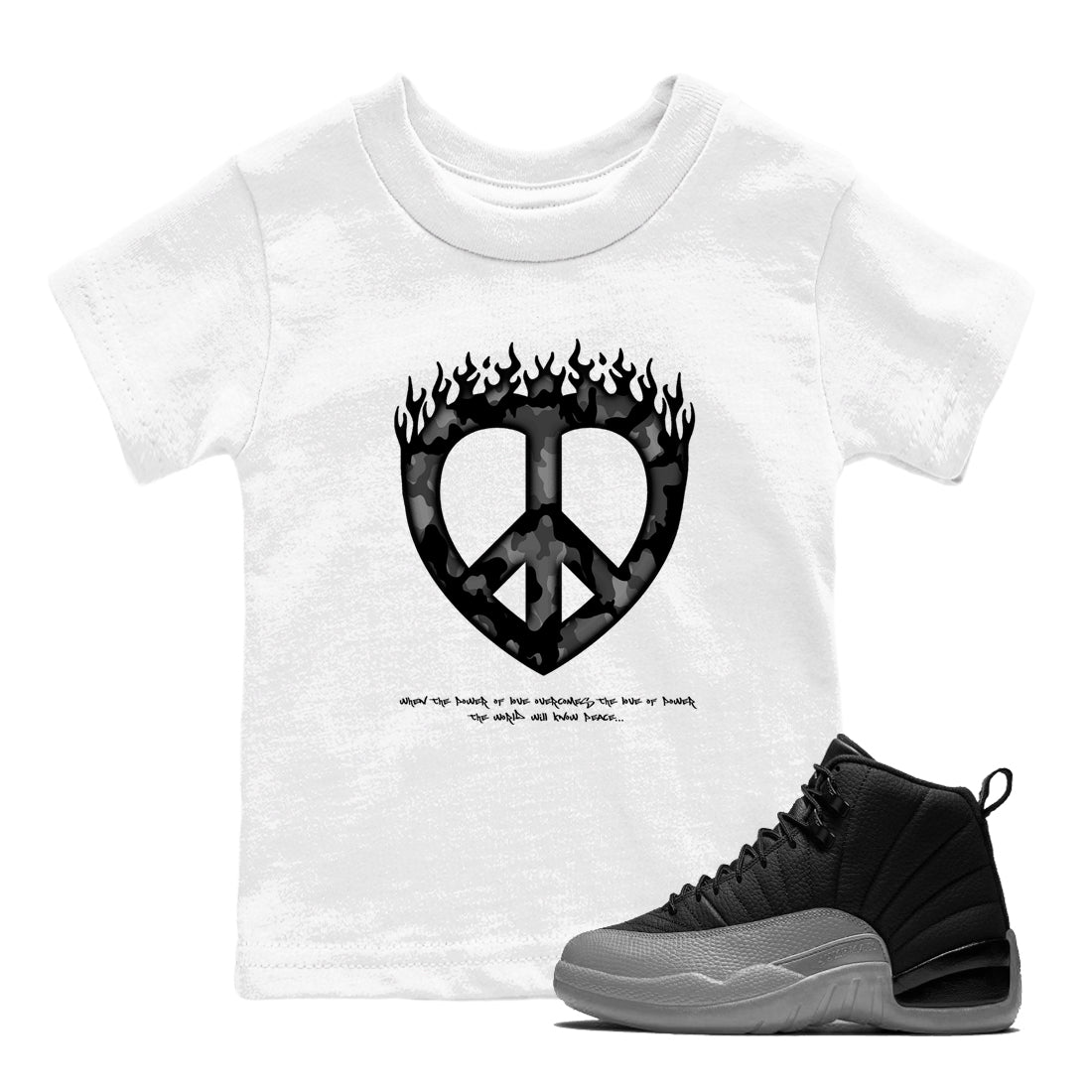 12s Black Wolf Grey shirts to match jordans Love Peace sneaker match tees Air Jordan 12 Barons match shoes to clothes SNRT Sneaker Tees Youth Baby White 1 tee