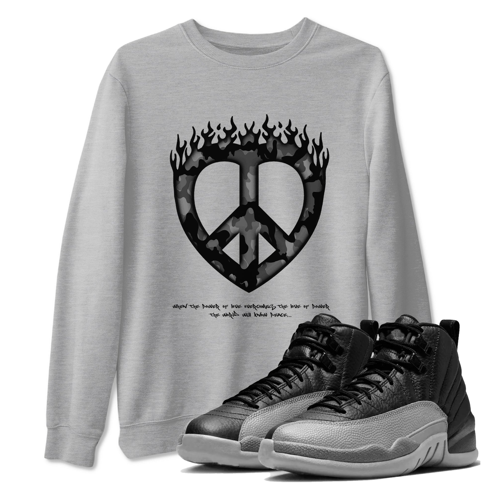 12s Black Wolf Grey shirts to match jordans Love Peace sneaker match tees Air Jordan 12 Barons match shoes to clothes SNRT Sneaker Tees unisex cotton Heather Grey 1 shirts
