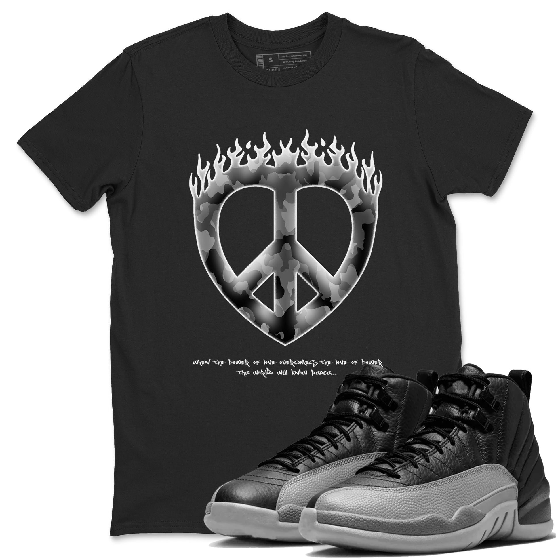 12s Black Wolf Grey shirts to match jordans Love Peace sneaker match tees Air Jordan 12 Barons match shoes to clothes SNRT Sneaker Tees unisex cotton Black 1 shirts