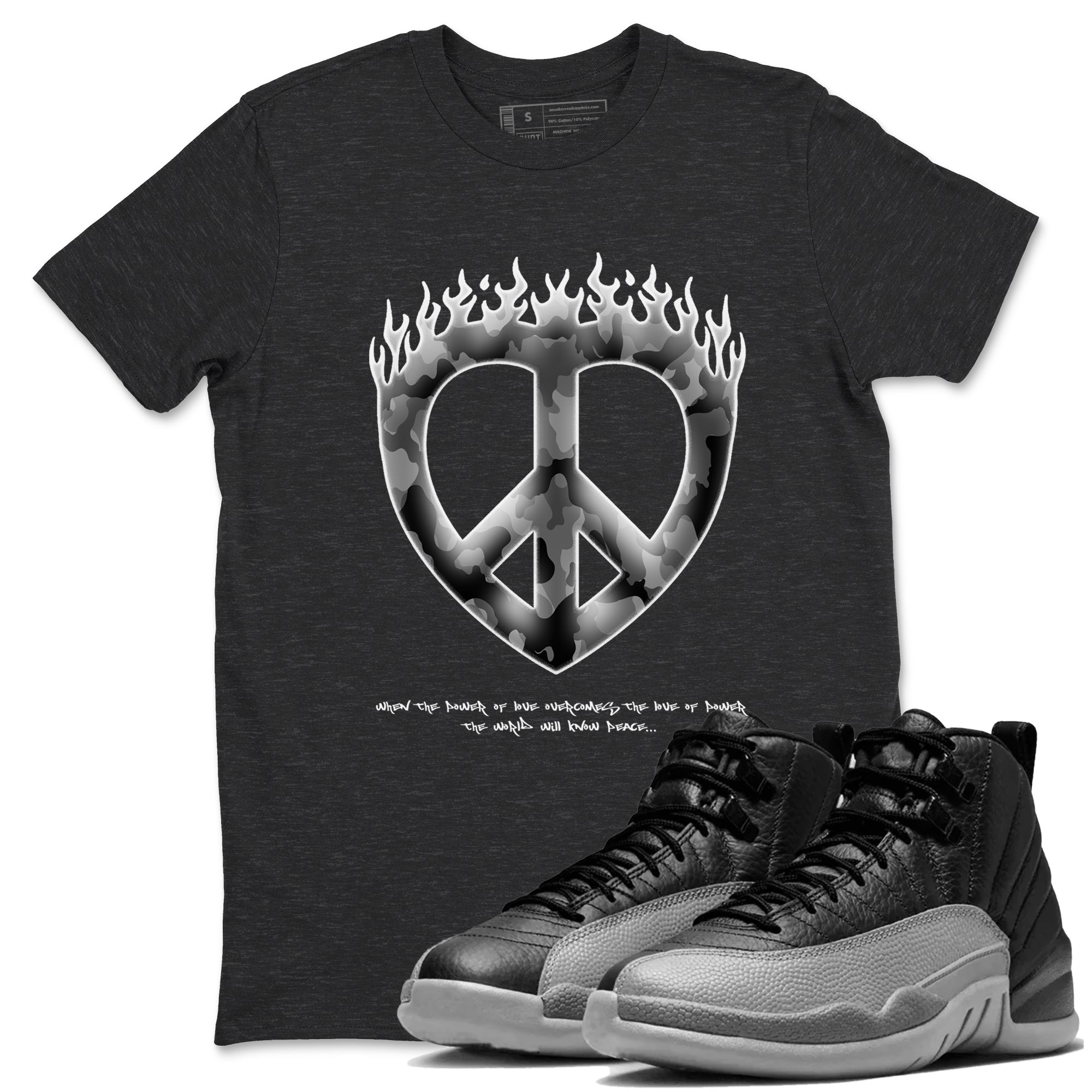 12s Black Wolf Grey shirts to match jordans Love Peace sneaker match tees Air Jordan 12 Barons match shoes to clothes SNRT Sneaker Tees unisex cotton Charcoal Heather 1 shirts