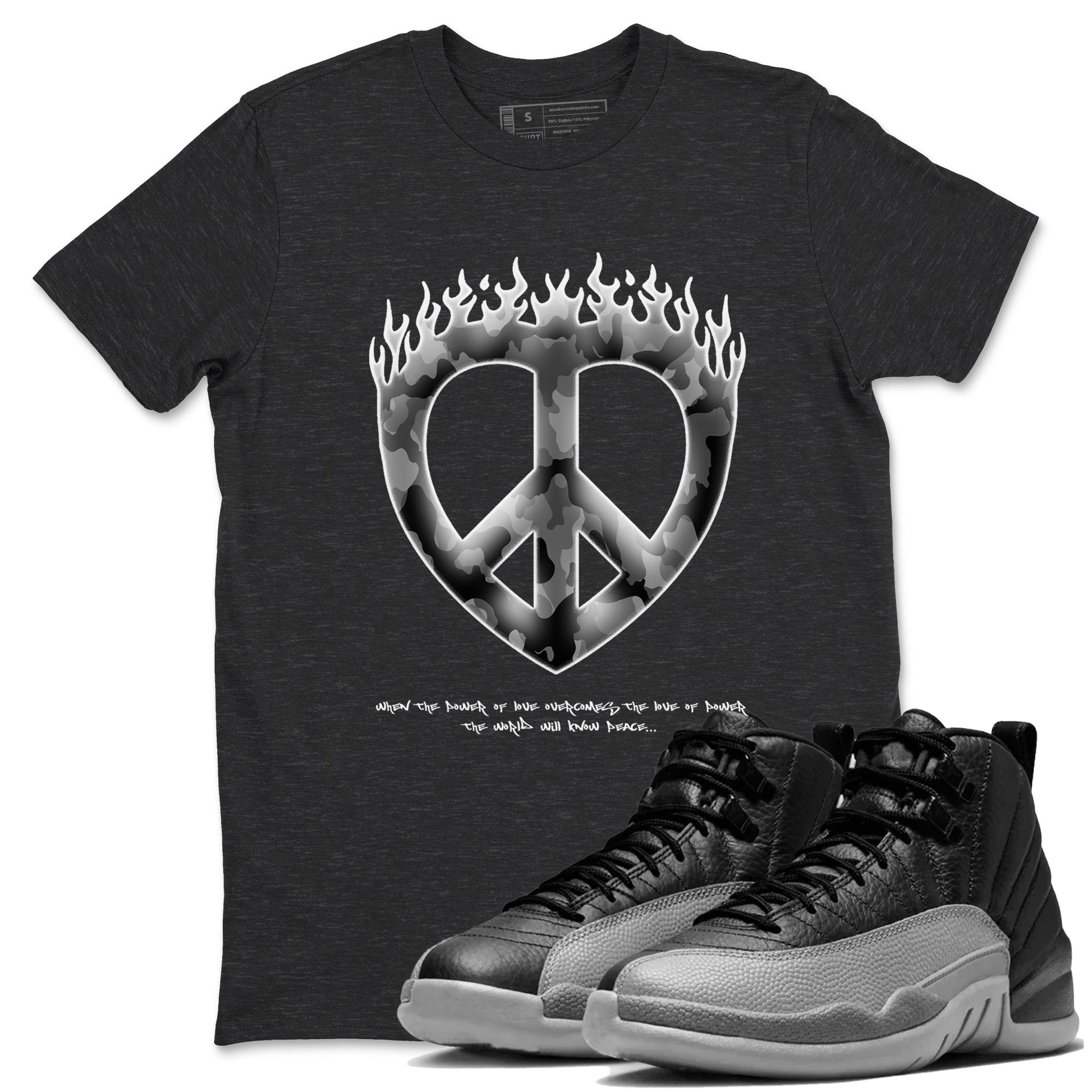 12s Black Wolf Grey shirts to match jordans Love Peace sneaker match tees Air Jordan 12 Barons match shoes to clothes SNRT Sneaker Tees unisex cotton Charcoal Heather 1 shirts