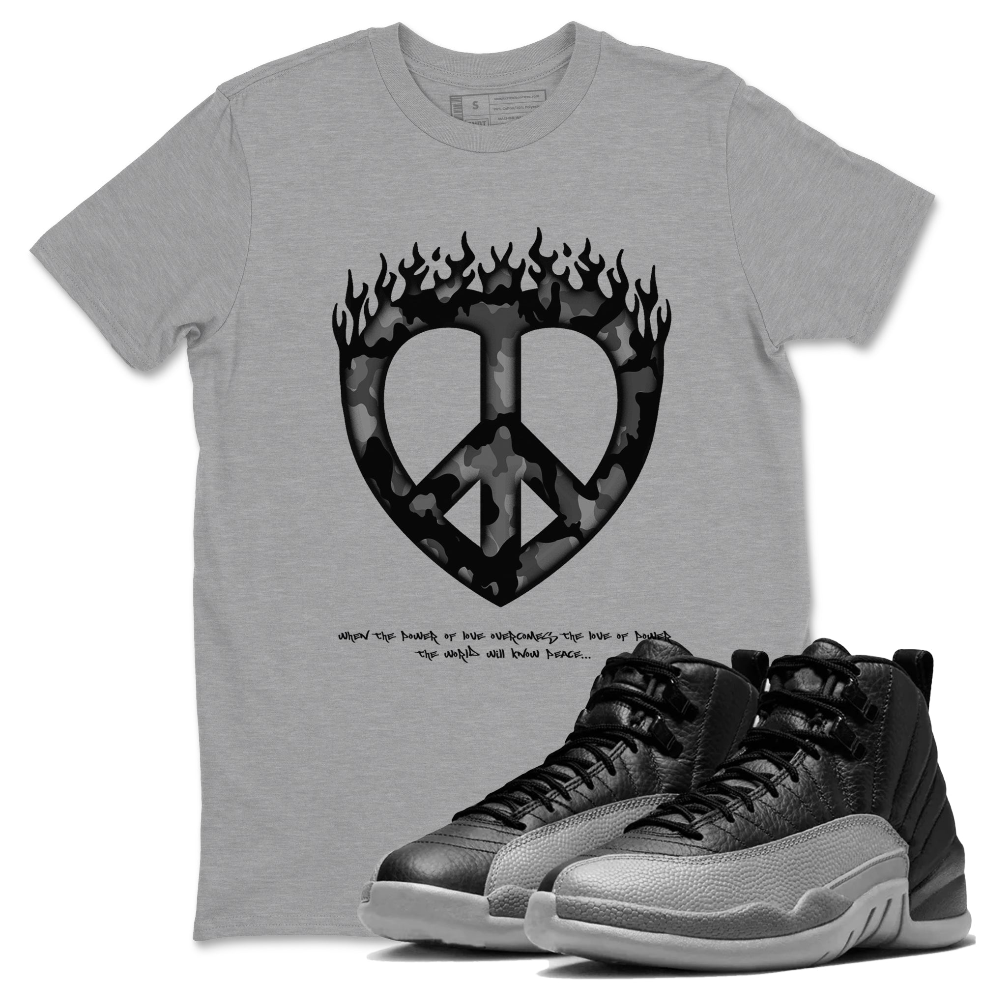 12s Black Wolf Grey shirts to match jordans Love Peace sneaker match tees Air Jordan 12 Barons match shoes to clothes SNRT Sneaker Tees unisex cotton Heather Grey 1 shirts