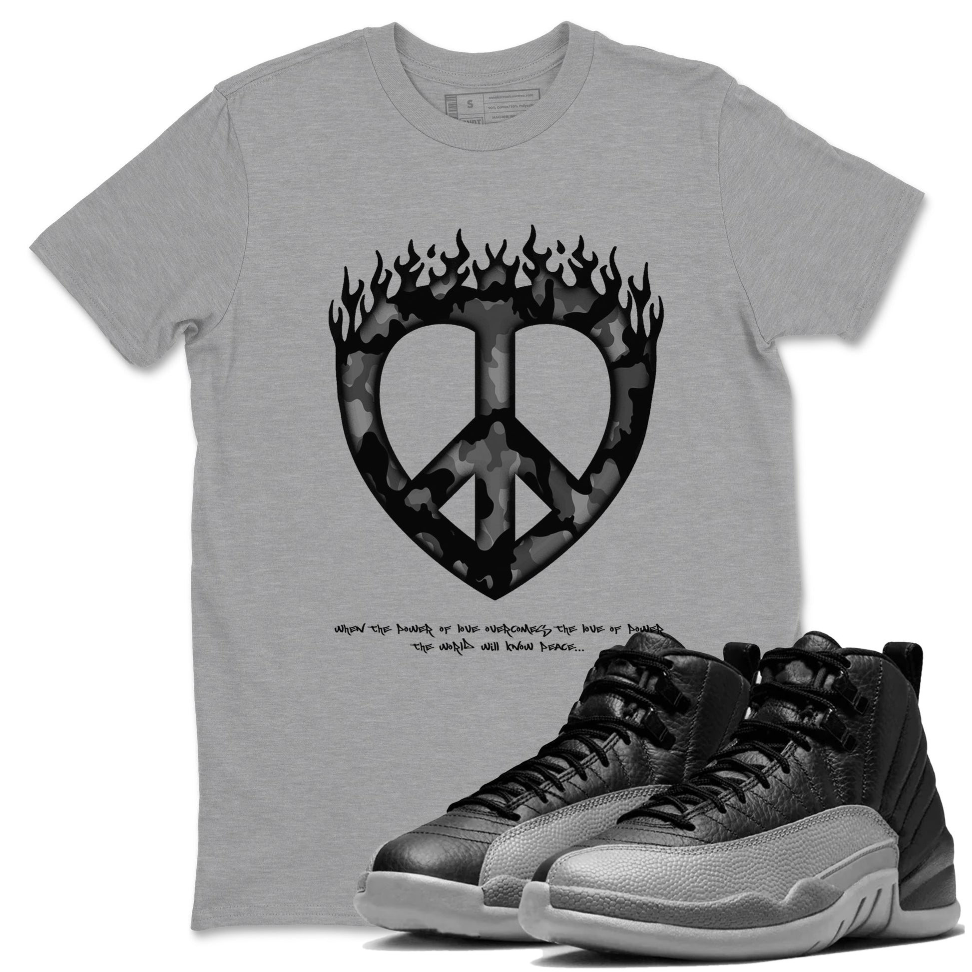 12s Black Wolf Grey shirts to match jordans Love Peace sneaker match tees Air Jordan 12 Barons match shoes to clothes SNRT Sneaker Tees unisex cotton Heather Grey 1 shirts
