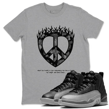 12s Black Wolf Grey shirts to match jordans Love Peace sneaker match tees Air Jordan 12 Barons match shoes to clothes SNRT Sneaker Tees unisex cotton Heather Grey 1 shirts
