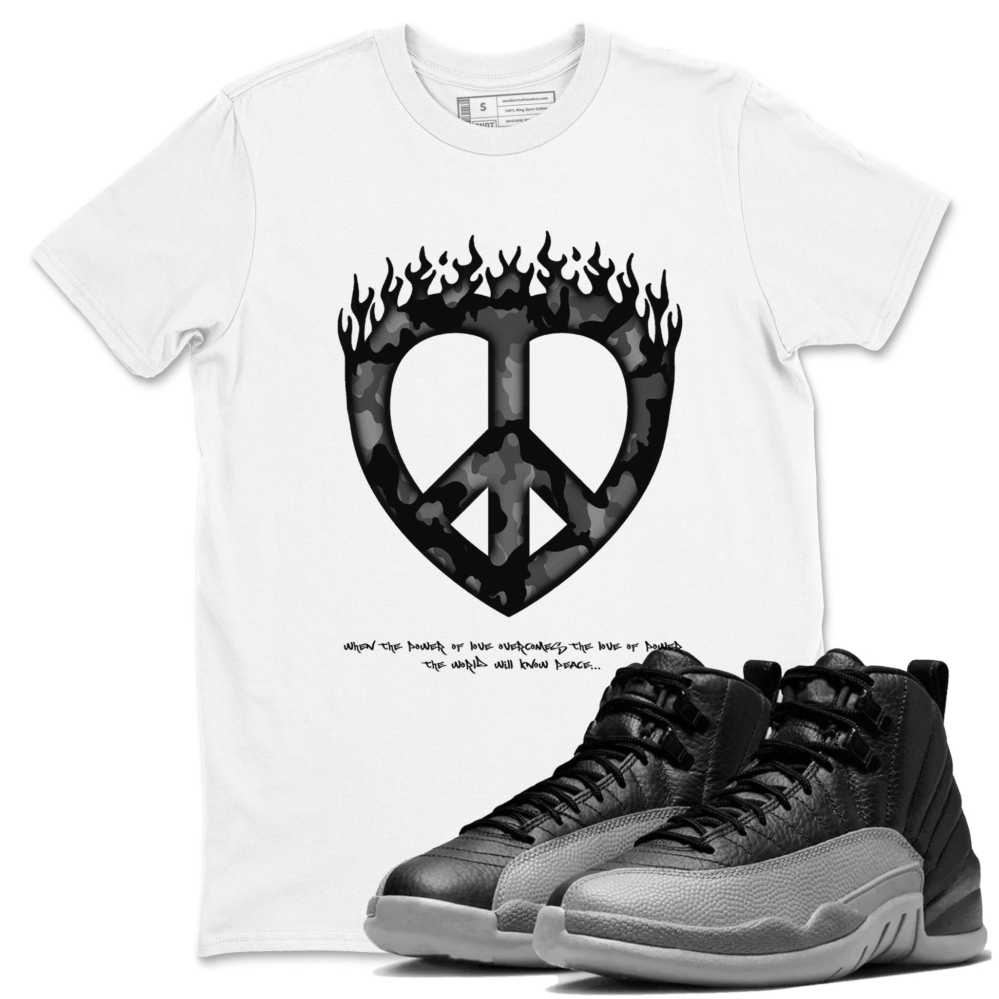 12s Black Wolf Grey shirts to match jordans Love Peace sneaker match tees Air Jordan 12 Barons match shoes to clothes SNRT Sneaker Tees unisex cotton White 1 shirts
