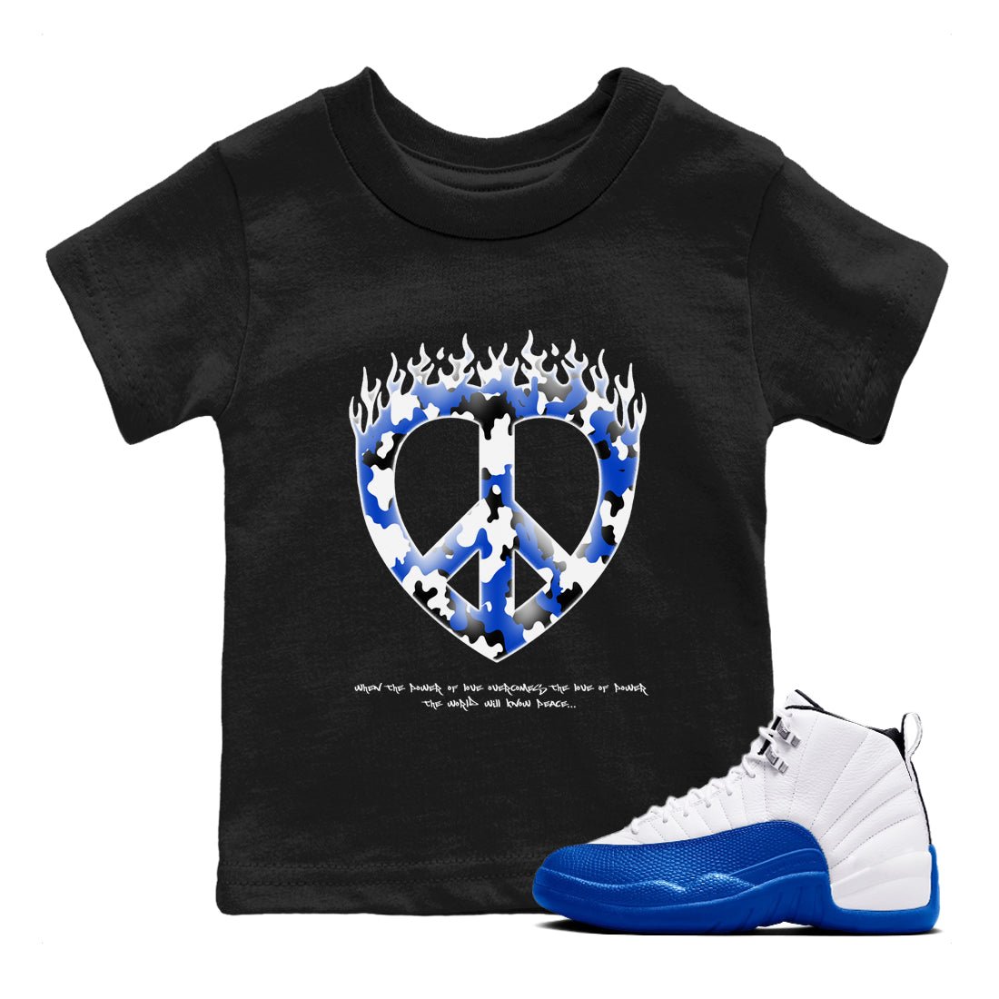 12s Blueberry shirts to match jordans Love Peace best t shirts to wear with jordans AJ12 White and Game Royal match shoes to clothes SNRT Sneaker Tees Youth Baby Black 1 tee