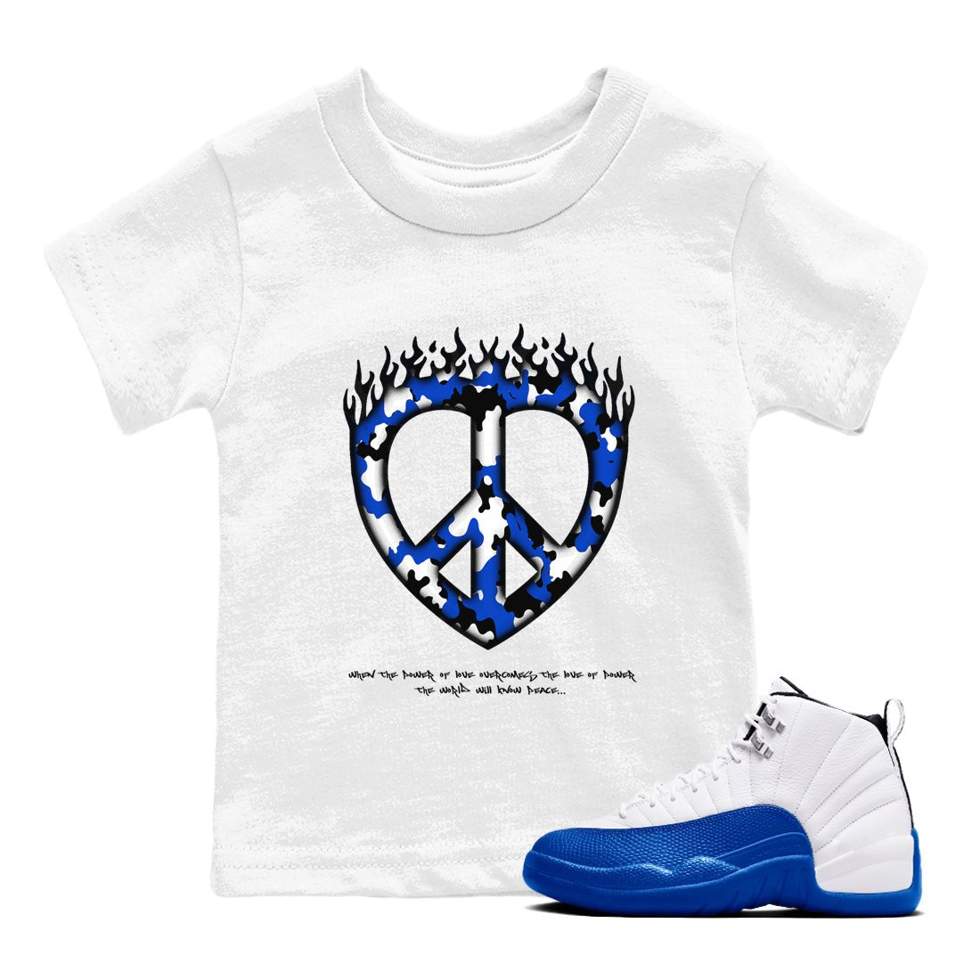 12s Blueberry shirts to match jordans Love Peace best t shirts to wear with jordans AJ12 White and Game Royal match shoes to clothes SNRT Sneaker Tees Youth Baby White 1 tee