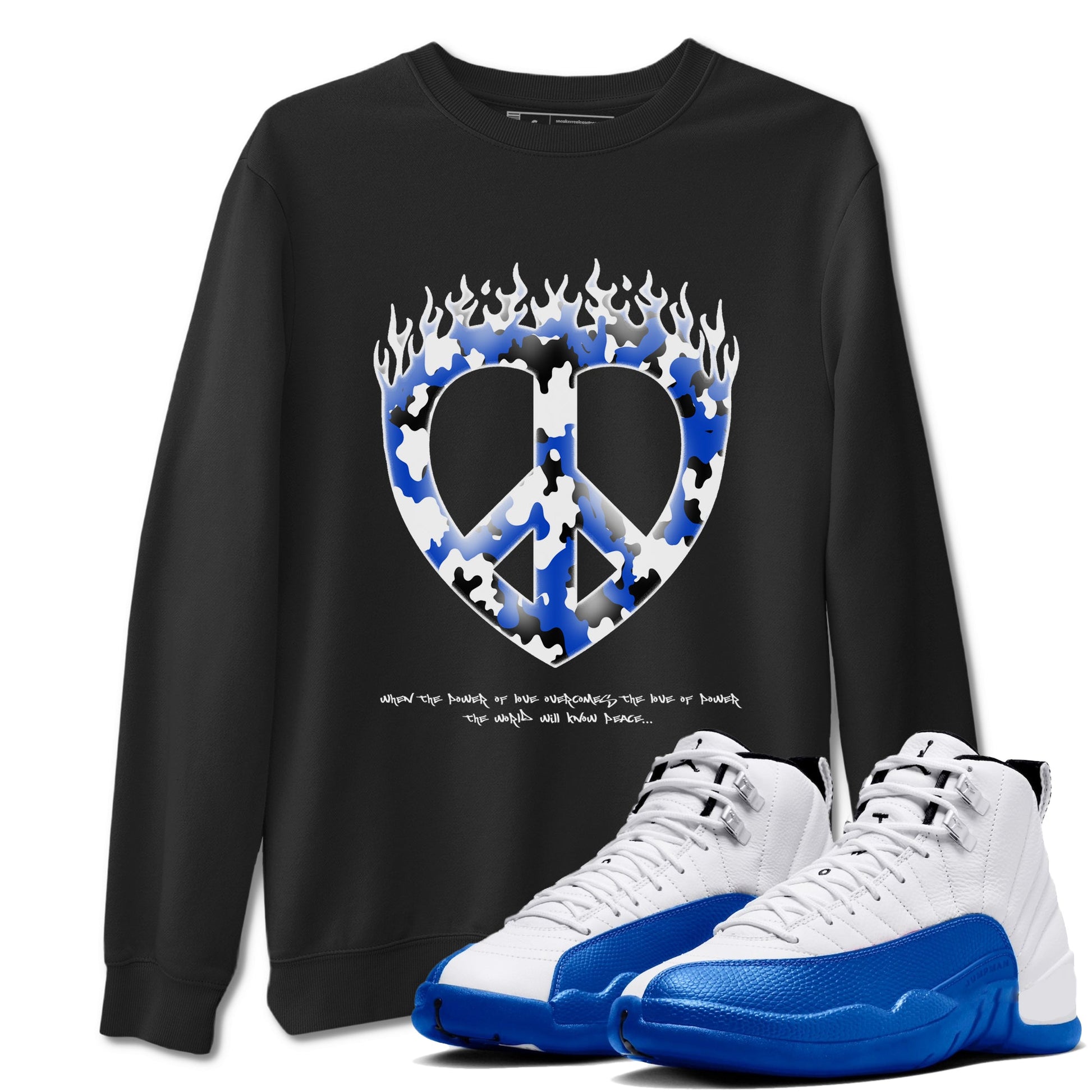 12s Blueberry shirts to match jordans Love Peace best t shirts to wear with jordans AJ12 White and Game Royal match shoes to clothes SNRT Sneaker Tees unisex cotton Black 1 shirts