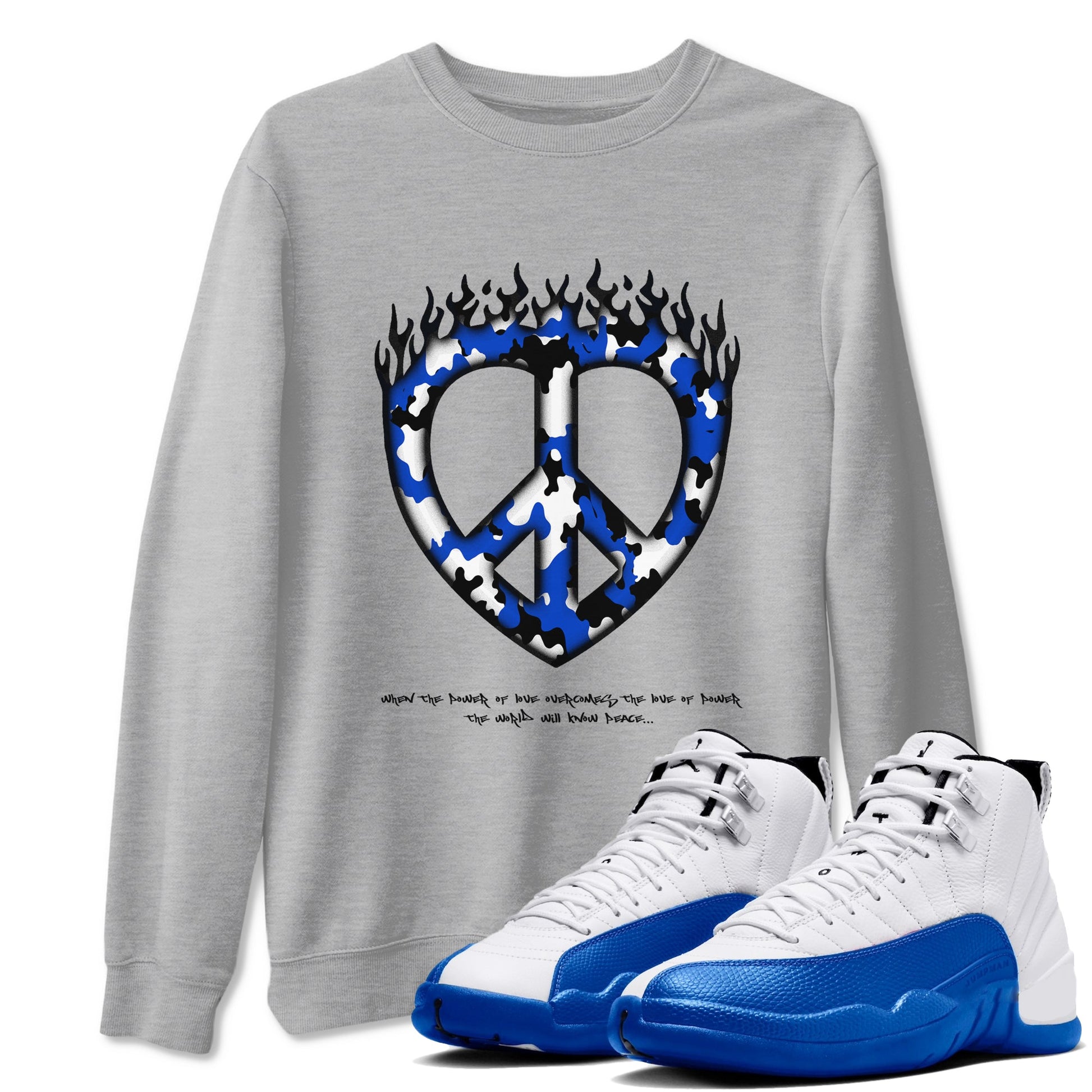 12s Blueberry shirts to match jordans Love Peace best t shirts to wear with jordans AJ12 White and Game Royal match shoes to clothes SNRT Sneaker Tees unisex cotton Heather Grey 1 shirts