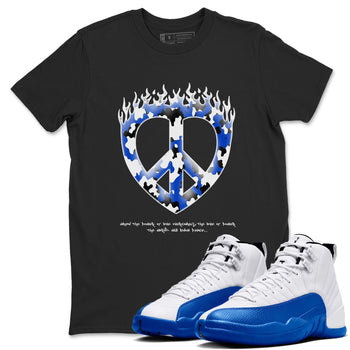 12s Blueberry shirts to match jordans Love Peace best t shirts to wear with jordans AJ12 White and Game Royal match shoes to clothes SNRT Sneaker Tees unisex cotton Black 1 shirts