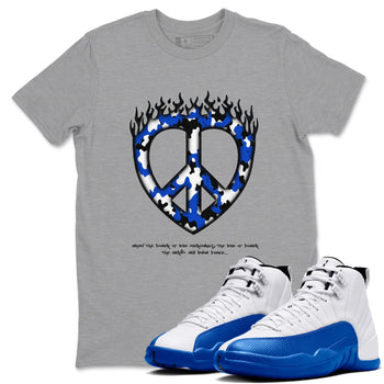 12s Blueberry shirts to match jordans Love Peace best t shirts to wear with jordans AJ12 White and Game Royal match shoes to clothes SNRT Sneaker Tees unisex cotton Heather Grey 1 shirts