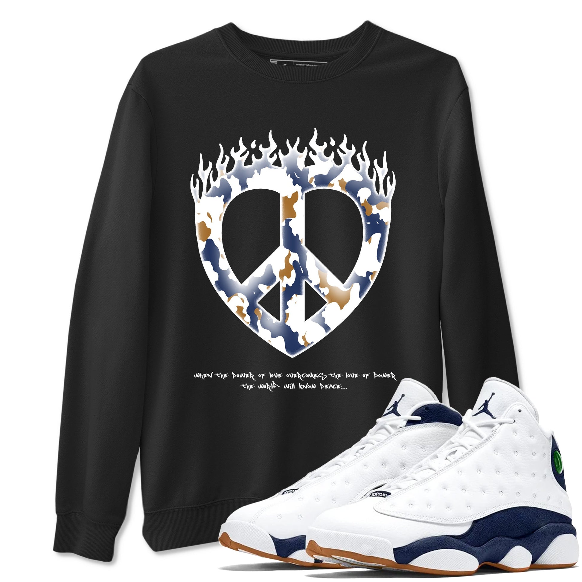 13s Midnight Navy shirts to match jordans Love Peace sneaker match tees Air Jordan 13 Midnight Navy SNRT Sneaker Release Tees unisex cotton Black 1 crew neck shirts