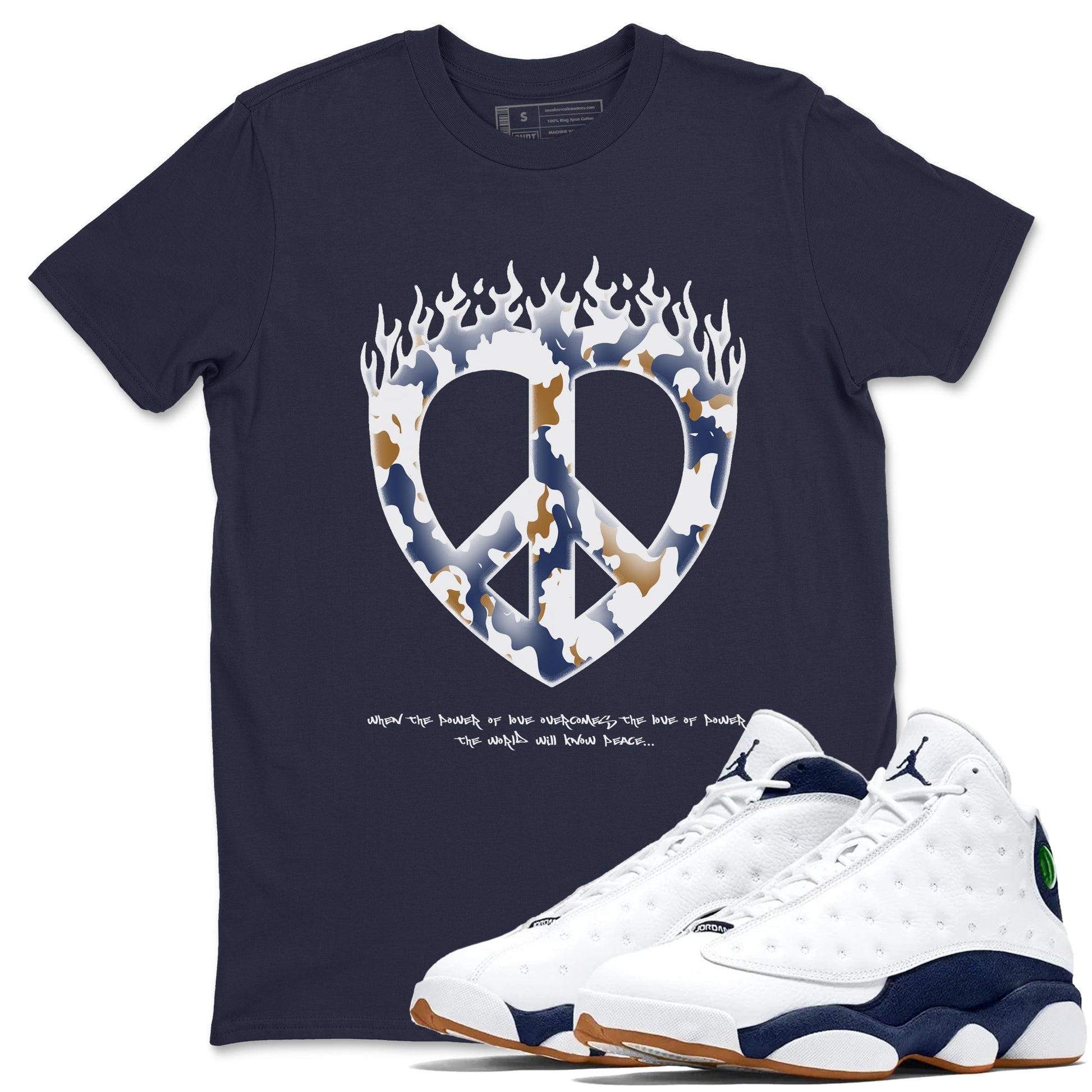 13s Midnight Navy shirts to match jordans Love Peace sneaker match tees Air Jordan 13 Midnight Navy SNRT Sneaker Release Tees unisex cotton Navy 1 crew neck shirts