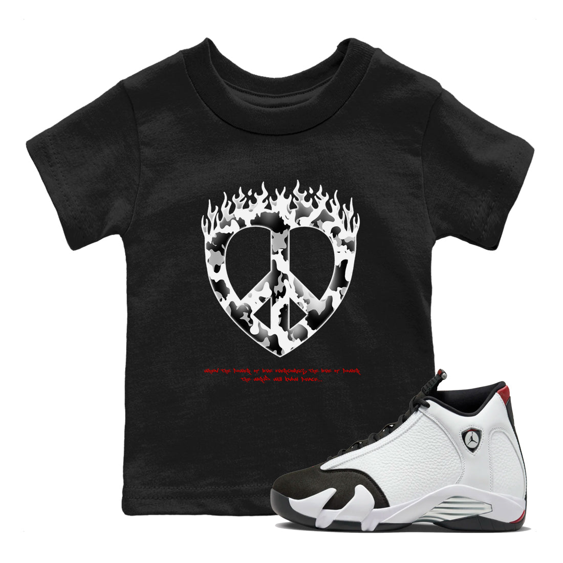 14s Black Toe shirts to match jordans Love Peace graphic tees Air Jordan 14 Black Toe t shirts to match sneakers SNRT Sneaker Tees Youth Baby Black 1 tee