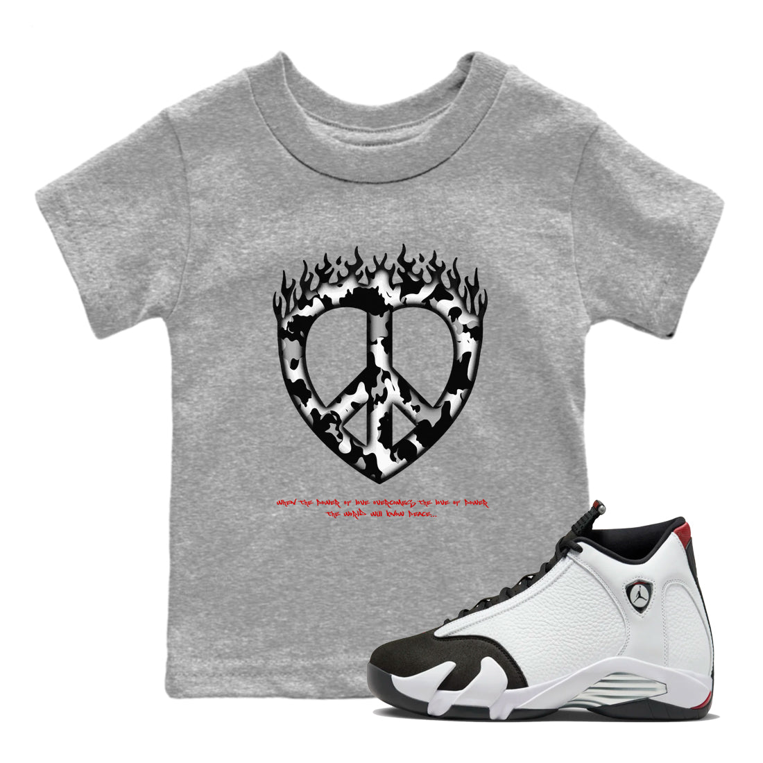 14s Black Toe shirts to match jordans Love Peace graphic tees Air Jordan 14 Black Toe t shirts to match sneakers SNRT Sneaker Tees Youth Baby Heather Grey 1 tee
