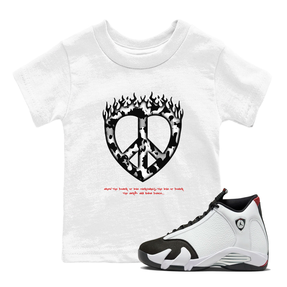 14s Black Toe shirts to match jordans Love Peace graphic tees Air Jordan 14 Black Toe t shirts to match sneakers SNRT Sneaker Tees Youth Baby White 1 tee