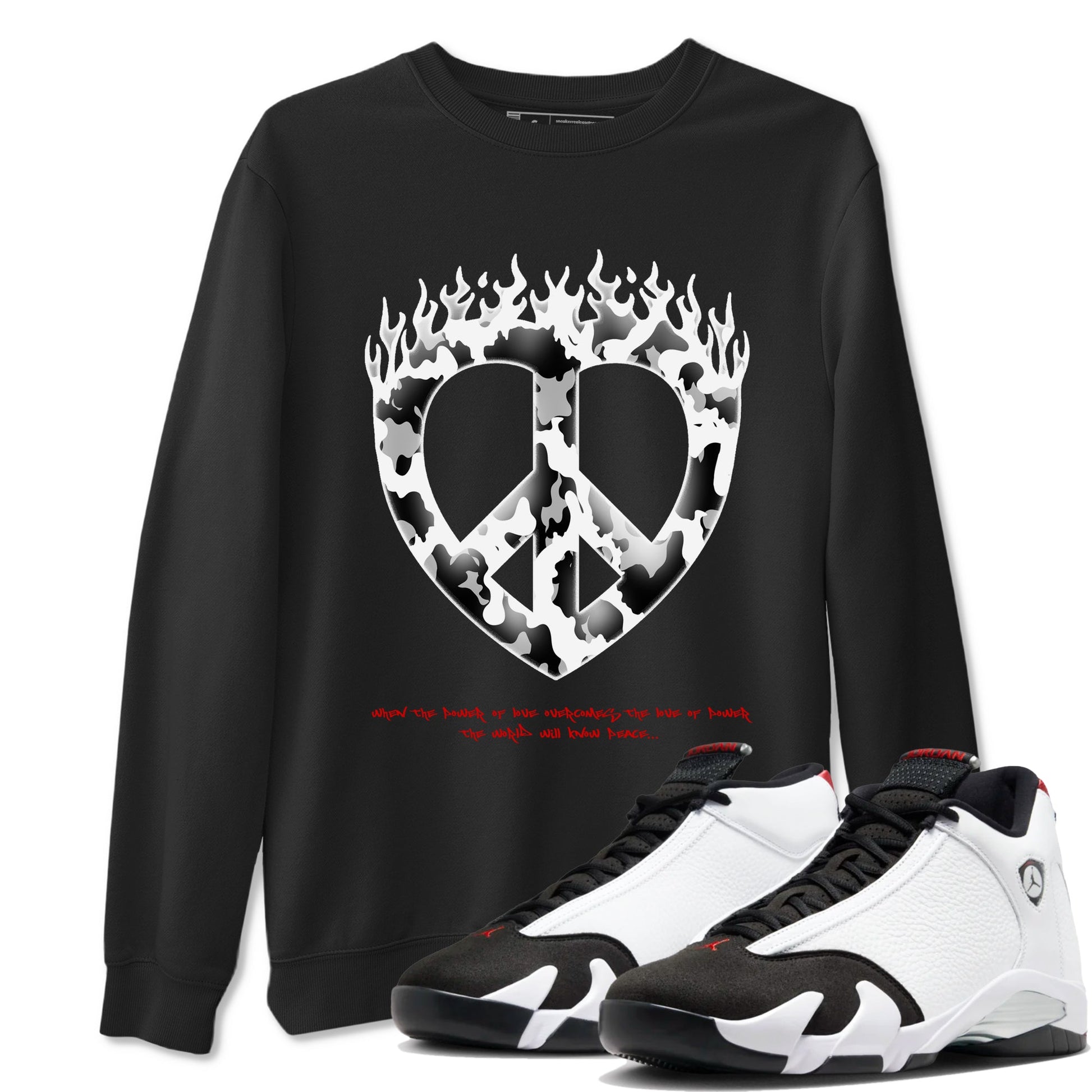 14s Black Toe shirts to match jordans Love Peace graphic tees Air Jordan 14 Black Toe t shirts to match sneakers SNRT Sneaker Tees unisex cotton Black 1 shirts