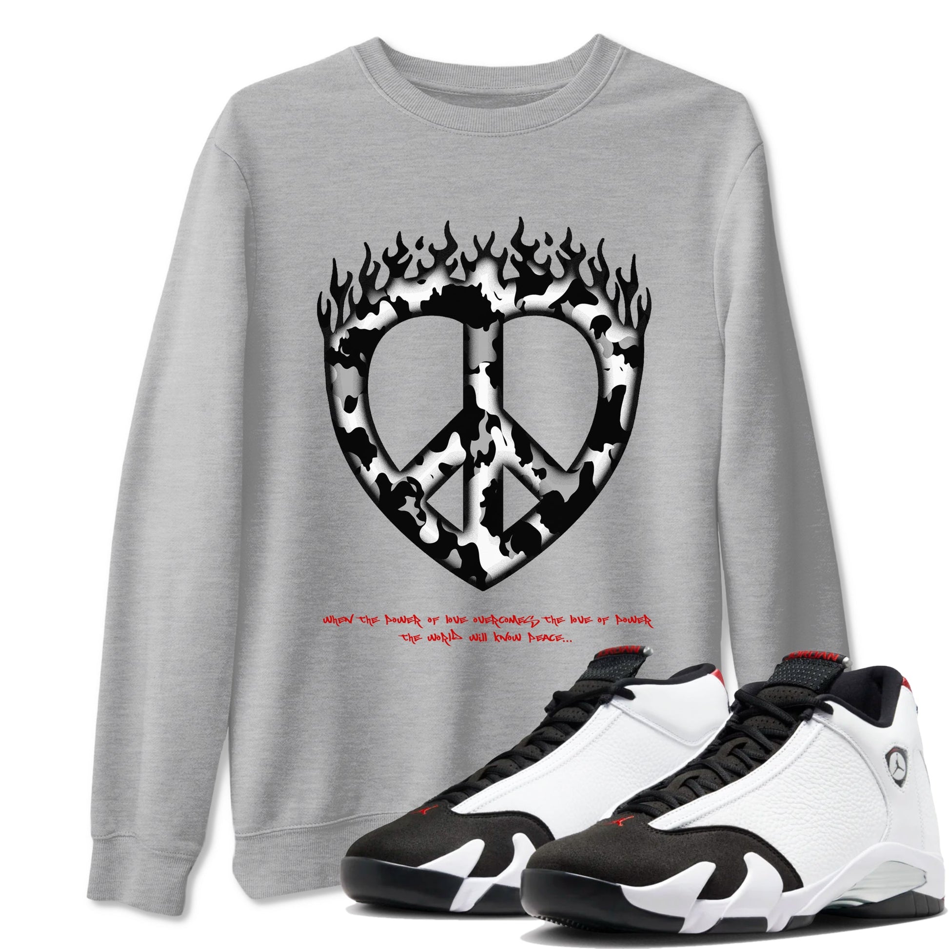 14s Black Toe shirts to match jordans Love Peace graphic tees Air Jordan 14 Black Toe t shirts to match sneakers SNRT Sneaker Tees unisex cotton Heather Grey 1 shirts
