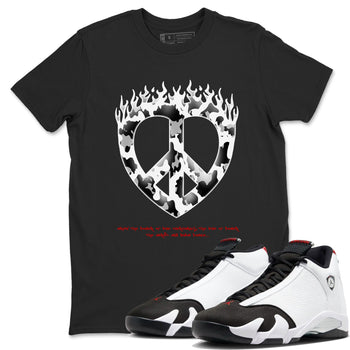 14s Black Toe shirts to match jordans Love Peace graphic tees Air Jordan 14 Black Toe t shirts to match sneakers SNRT Sneaker Tees unisex cotton Black 1 shirts
