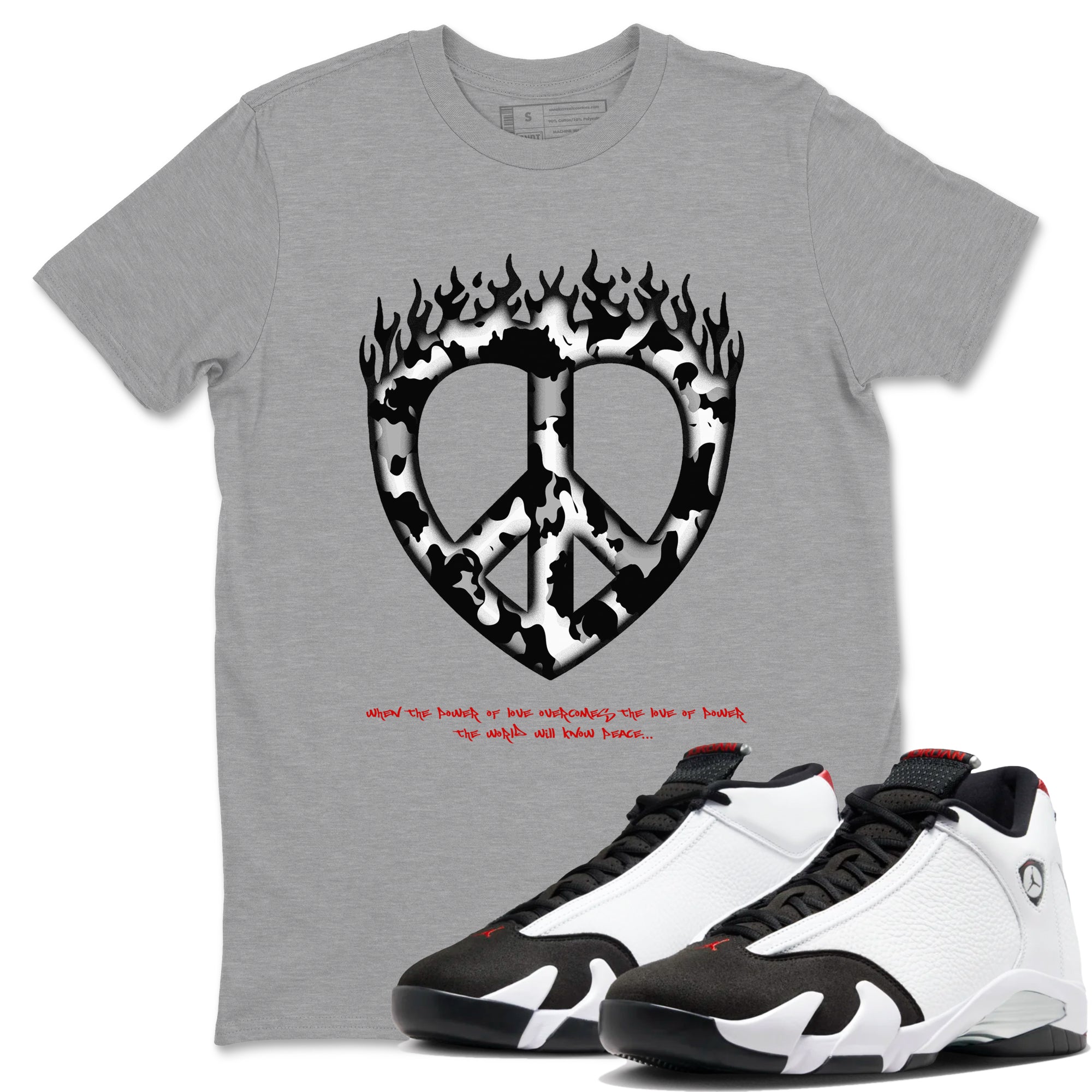 14s Black Toe shirts to match jordans Love Peace graphic tees Air Jordan 14 Black Toe t shirts to match sneakers SNRT Sneaker Tees unisex cotton Heather Grey 1 shirts