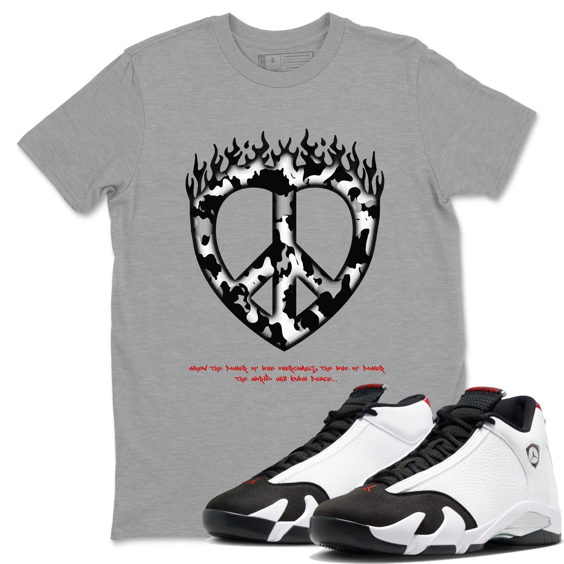 14s Black Toe shirts to match jordans Love Peace graphic tees Air Jordan 14 Black Toe t shirts to match sneakers SNRT Sneaker Tees unisex cotton Heather Grey 1 shirts