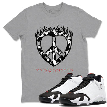 14s Black Toe shirts to match jordans Love Peace graphic tees Air Jordan 14 Black Toe t shirts to match sneakers SNRT Sneaker Tees unisex cotton Heather Grey 1 shirts