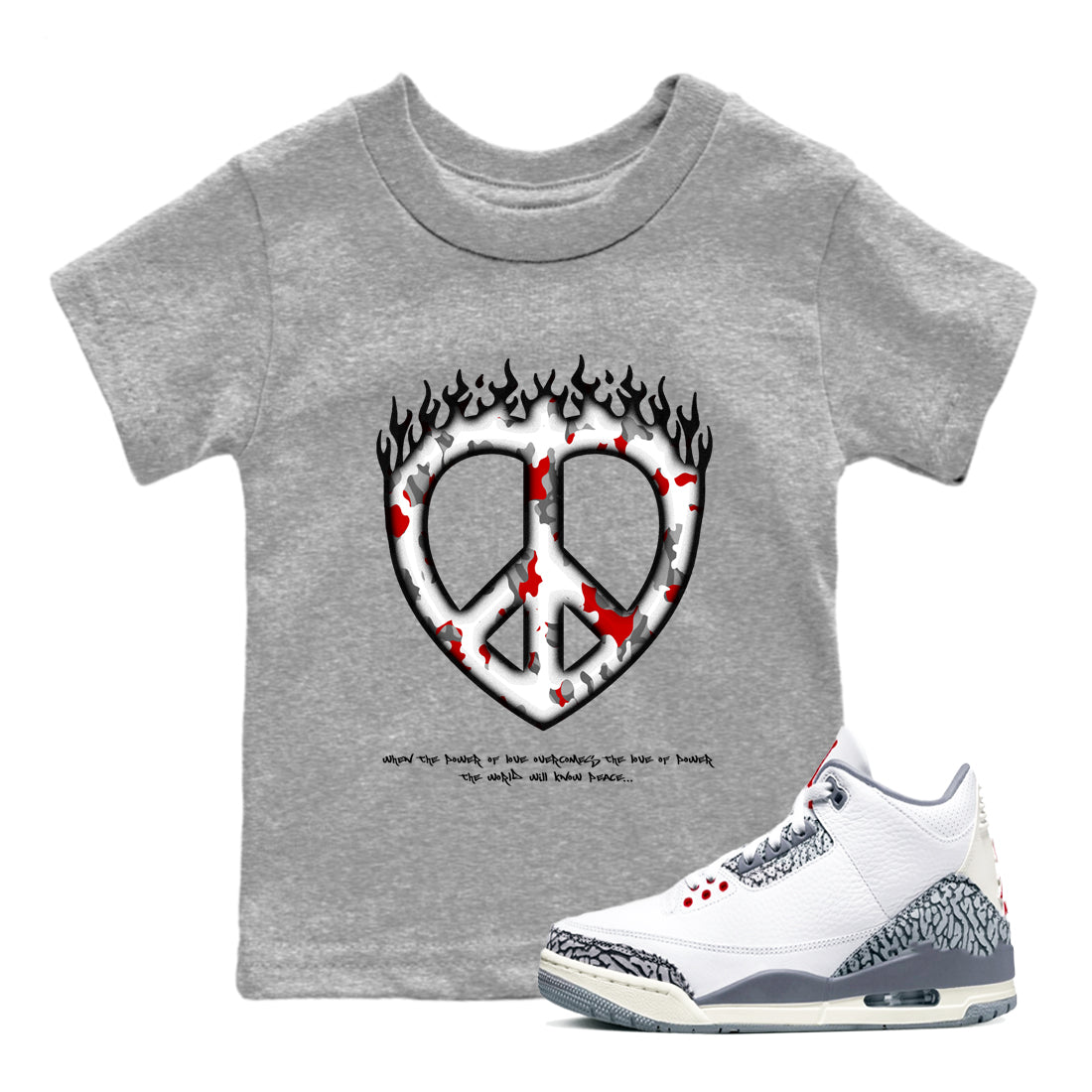 3s Cement Grey shirts to match jordans Love Peace sneaker match tees Air Jordan 3 Cement Grey SNRT Sneaker Release Tees Youth Baby Heather Grey 1 crew neck shirts