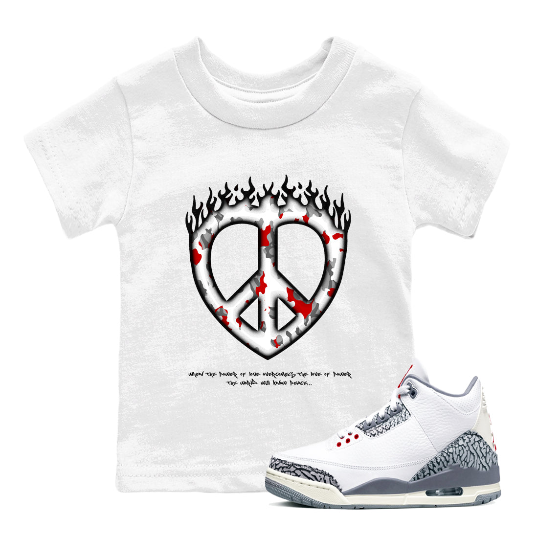 3s Cement Grey shirts to match jordans Love Peace sneaker match tees Air Jordan 3 Cement Grey SNRT Sneaker Release Tees Youth Baby White 1 crew neck shirts