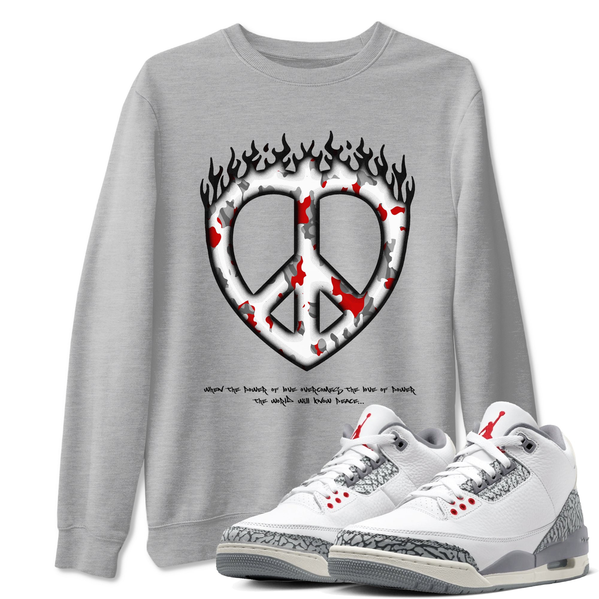 3s Cement Grey shirts to match jordans Love Peace sneaker match tees Air Jordan 3 Cement Grey SNRT Sneaker Release Tees unisex cotton Heather Grey 1 crew neck shirts
